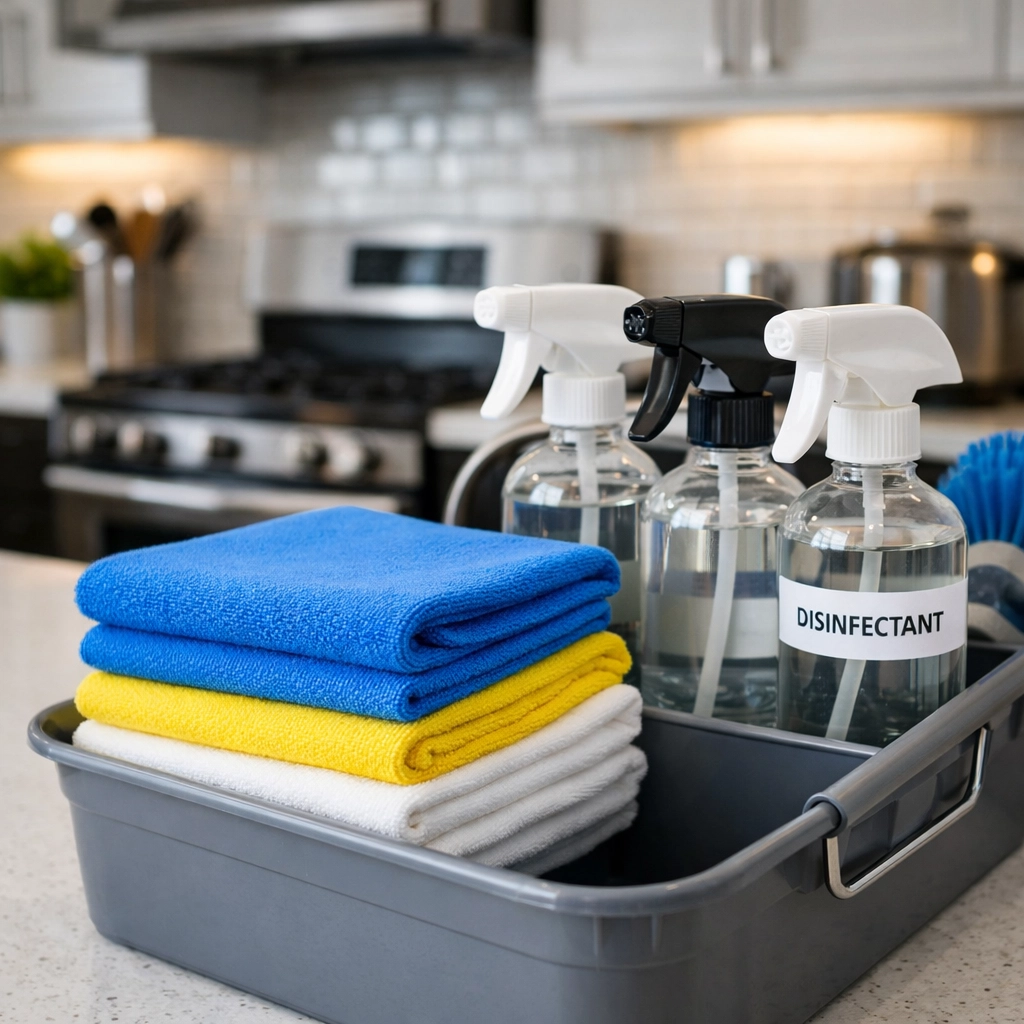 Color-coded microfiber cloths and supplies for sanitary weekly house cleaning in a modern Westborough kitchen.