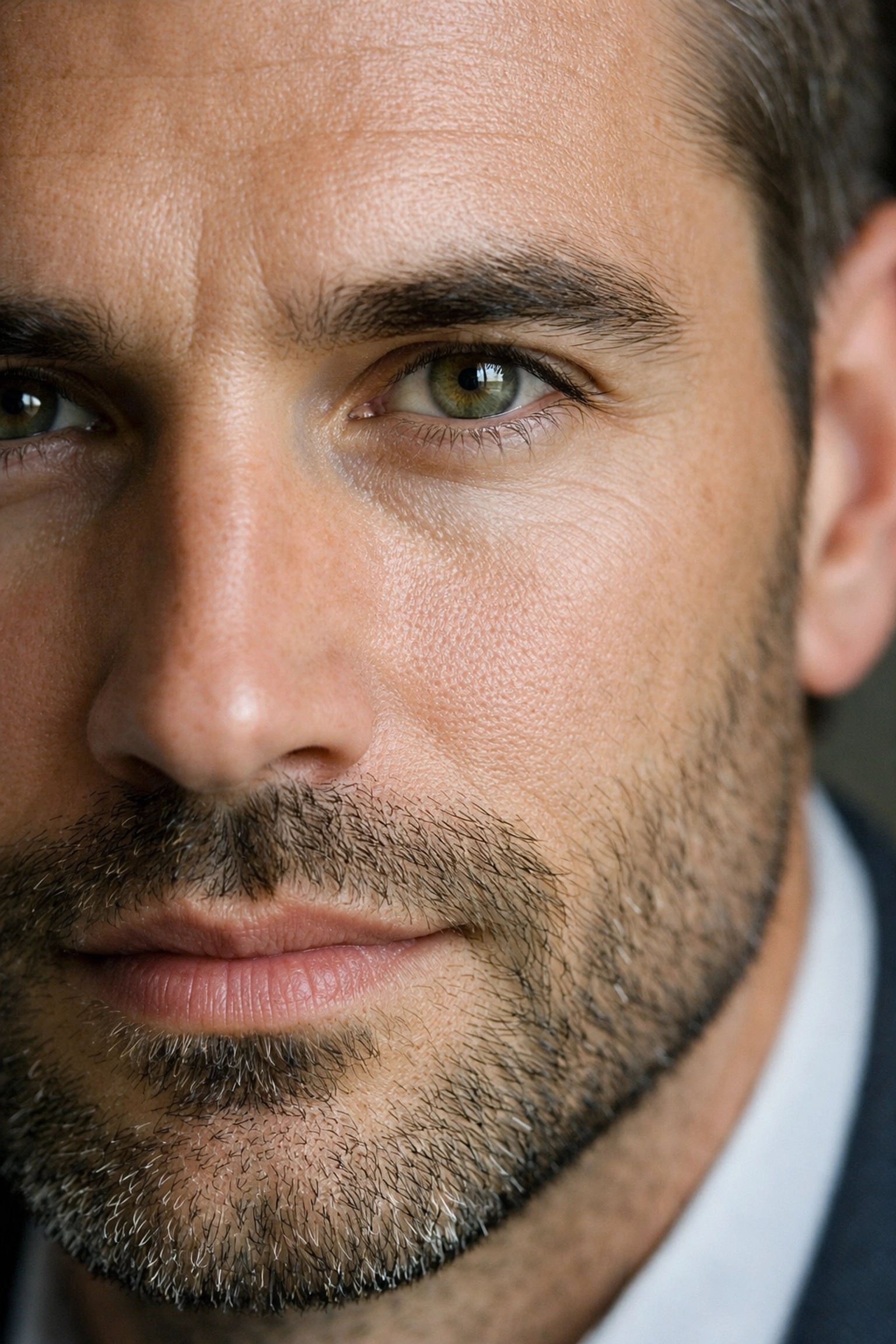 Close-up of a male headshot showing professional retouching and clear skin for a polished look.