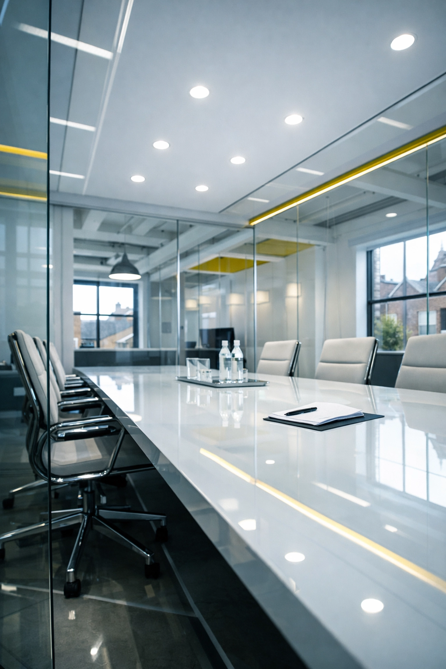 Spotless glass-walled conference room in a Cambridge agency with streak-free partitions and modern table.