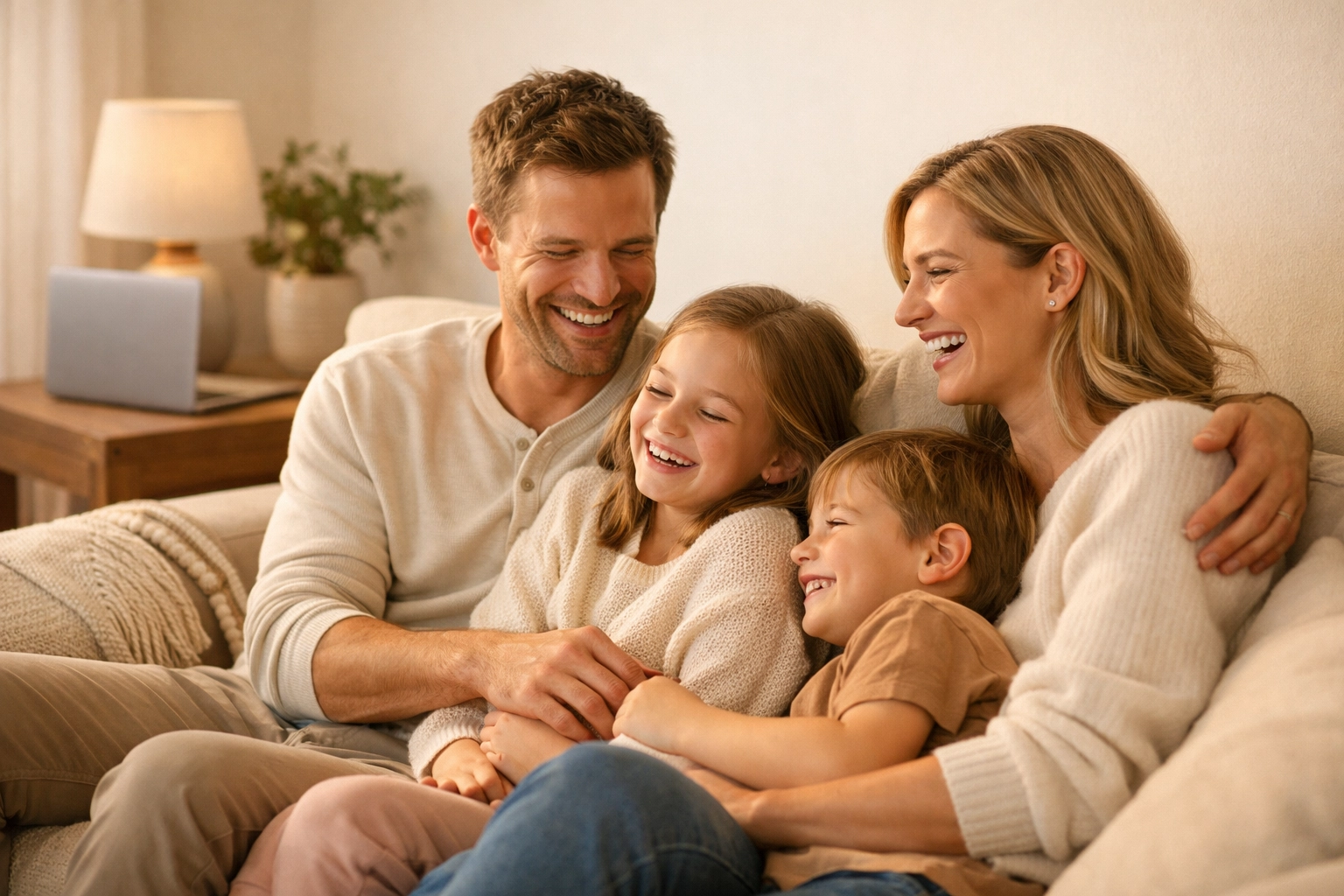 Happy family relaxing together after completing tax preparation with bookkeeper help