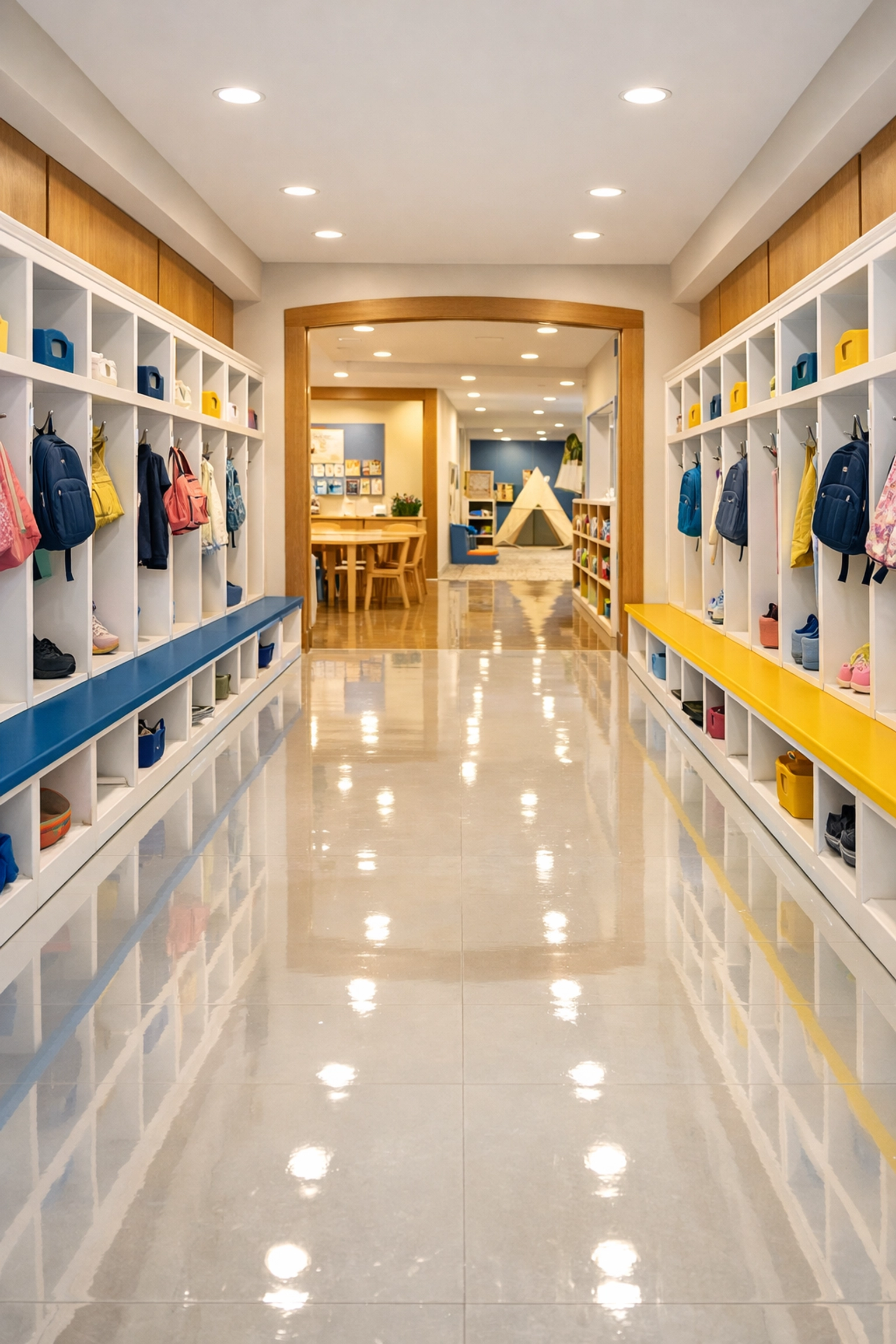 Gleaming daycare hallway with cubbies illustrating the results of professional daycare cleaning services near me.