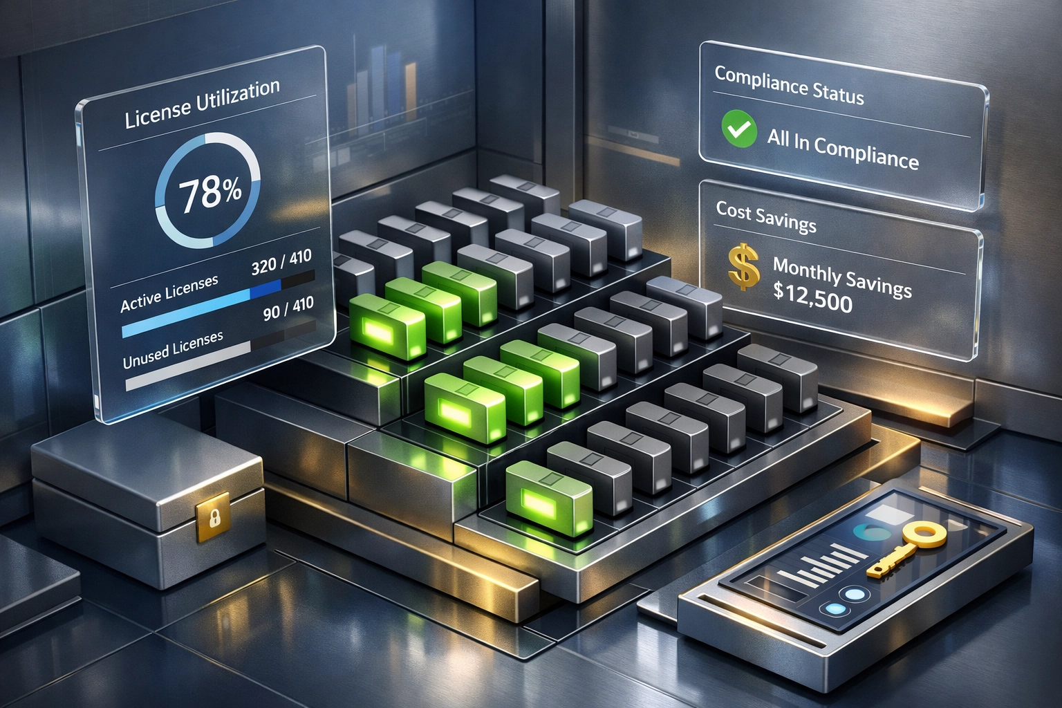 ServiceNow ITAM license management dashboard showing active and unused software licenses
