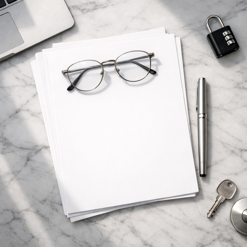 Minimalist workspace with documents and pen symbolizing professional tax compliance and service bureau management.