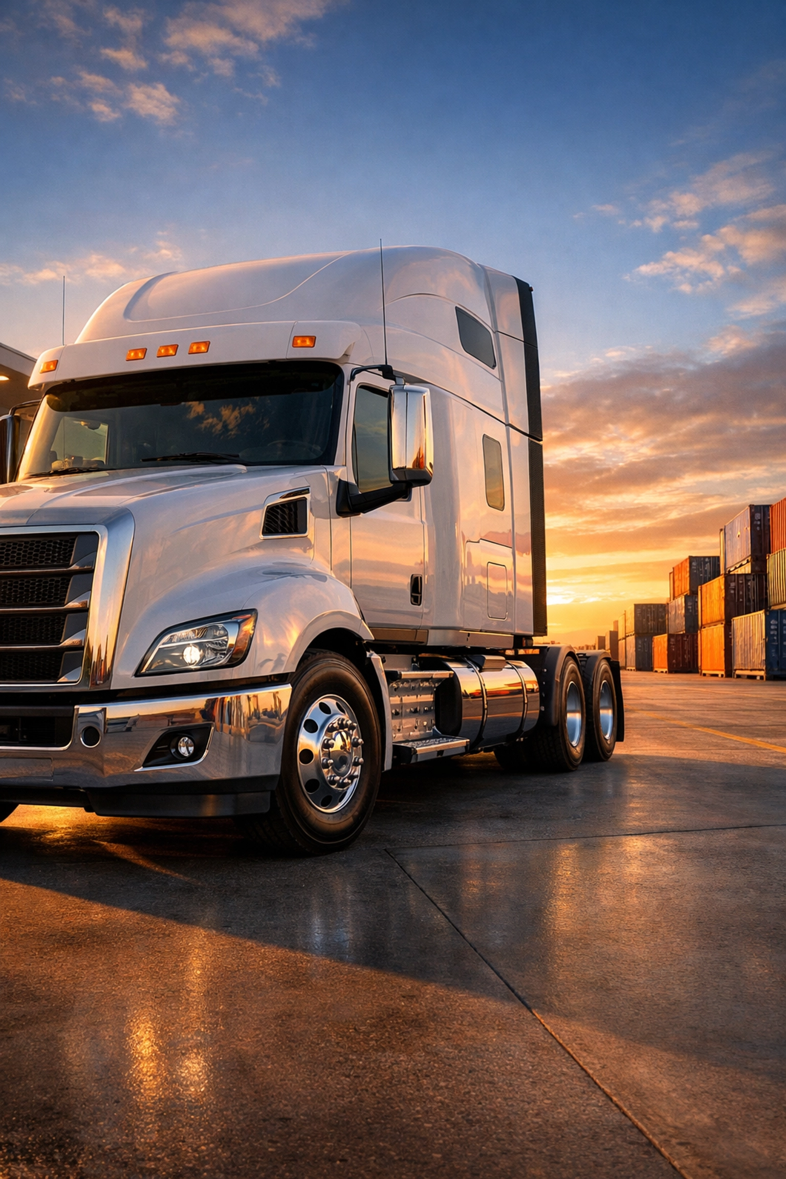 Modern heavy-duty semi-truck at a logistics terminal, highlighting transportation dealer success and industry scale.