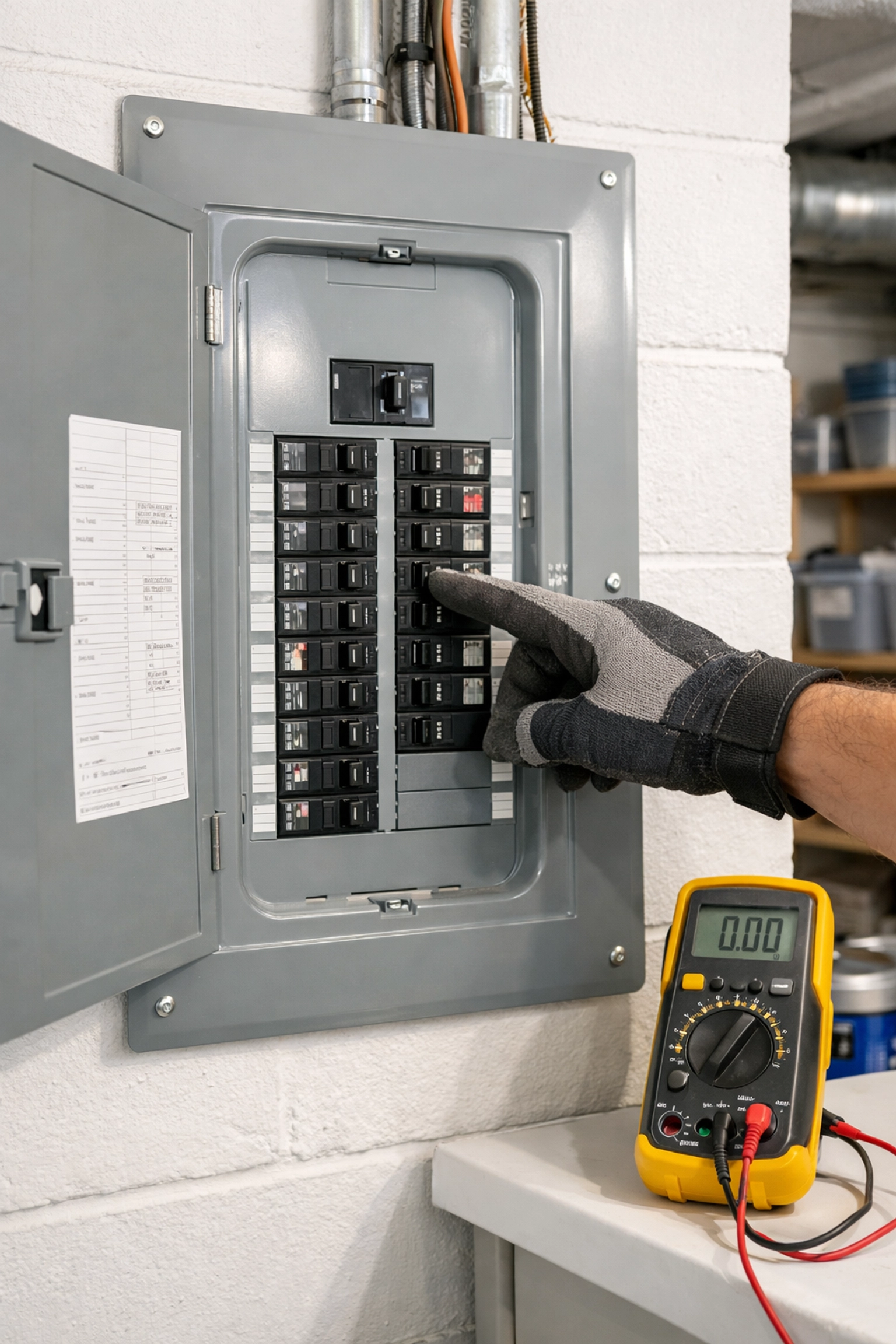 Electrician inspecting electrical panel with multimeter for EV charger installation in Portland Maine