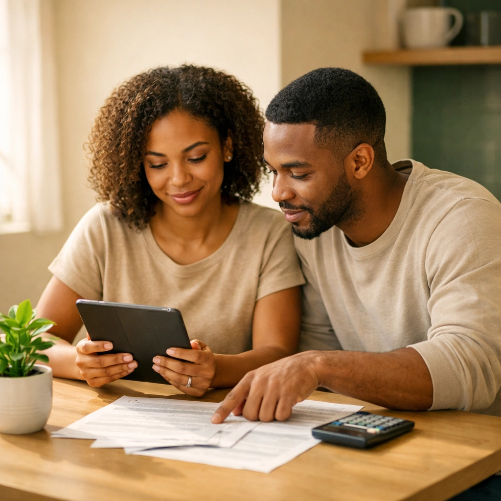 Young couple reviewing IRA withdrawal options for their first home down payment