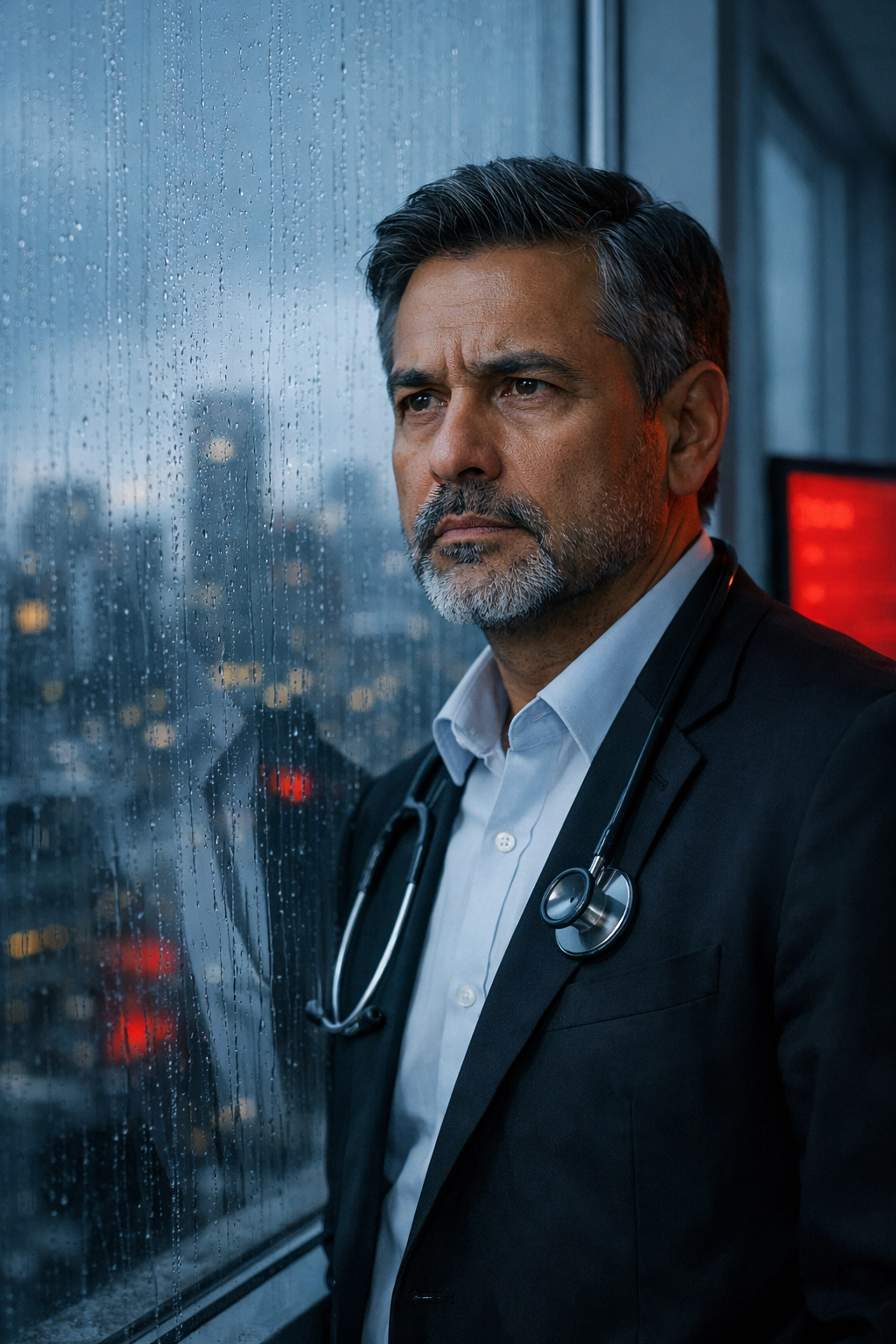 A focused doctor looking out a window, symbolizing the need for international medical credential recognition.