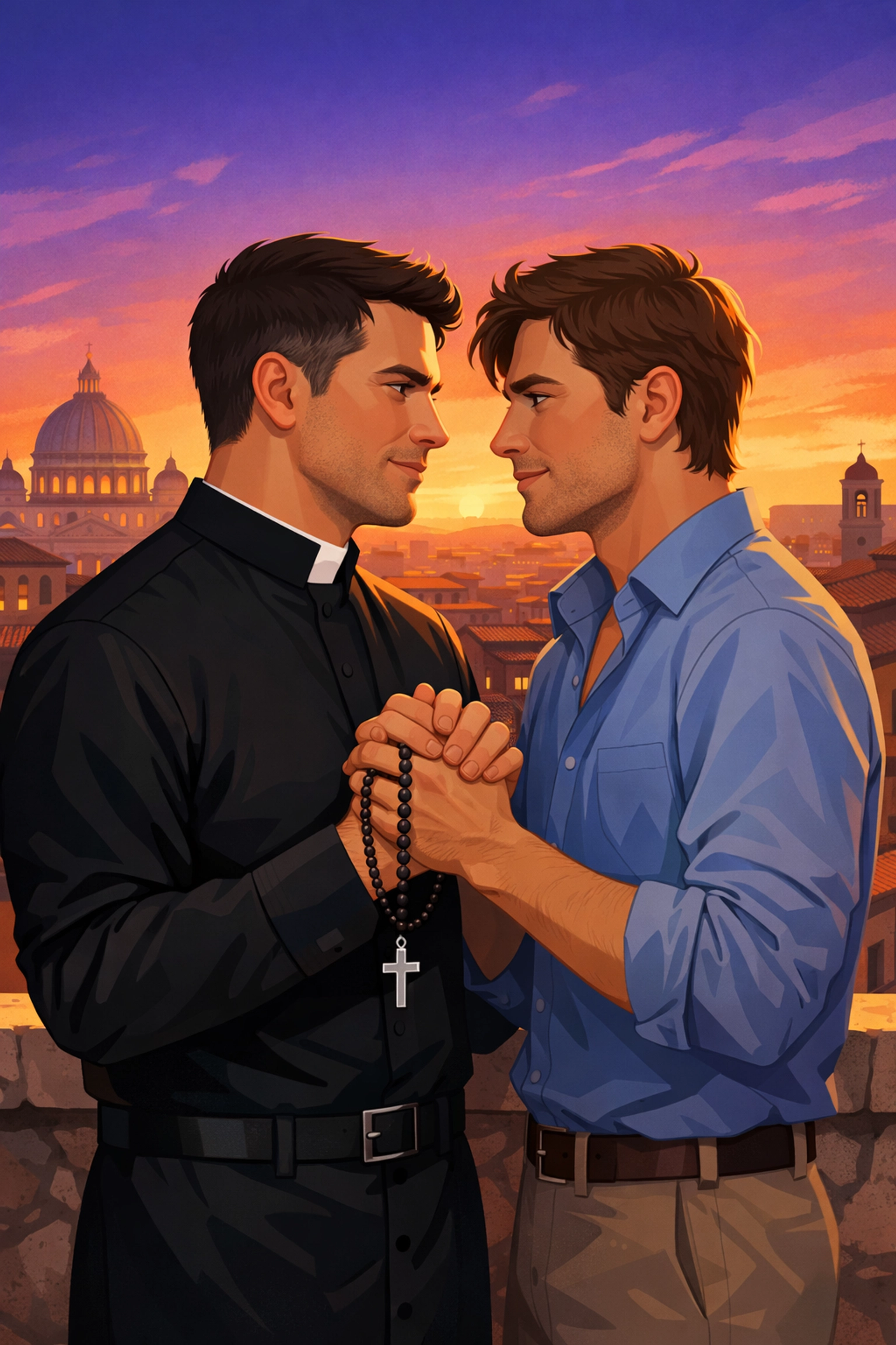 Gay couple holding hands with rosary beads on a Roman balcony overlooking the sunset.