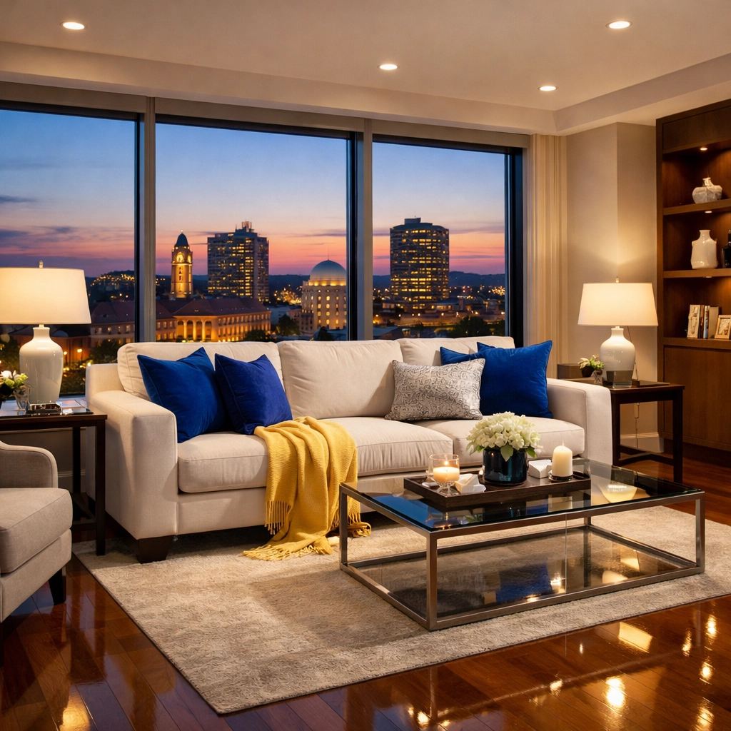 Staged and spotless luxury apartment living room showcasing professional house cleaning Worcester MA.