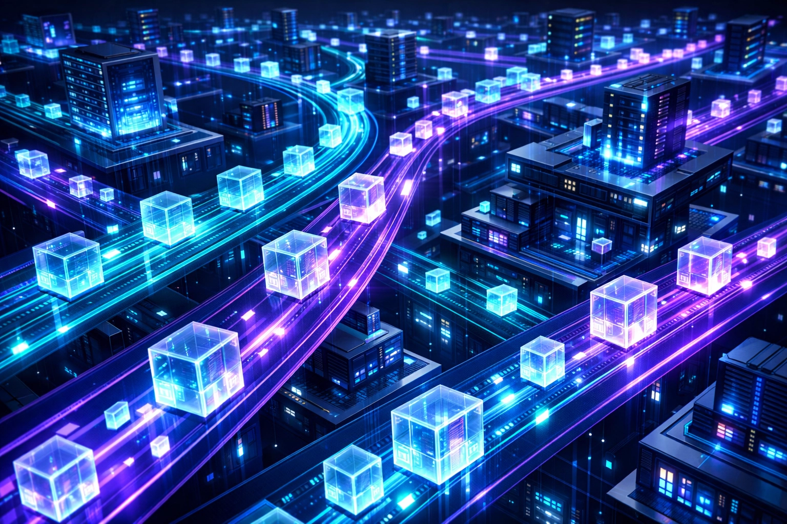Digital cloud-native banking infrastructure with glowing data nodes representing a fintech super-app network.