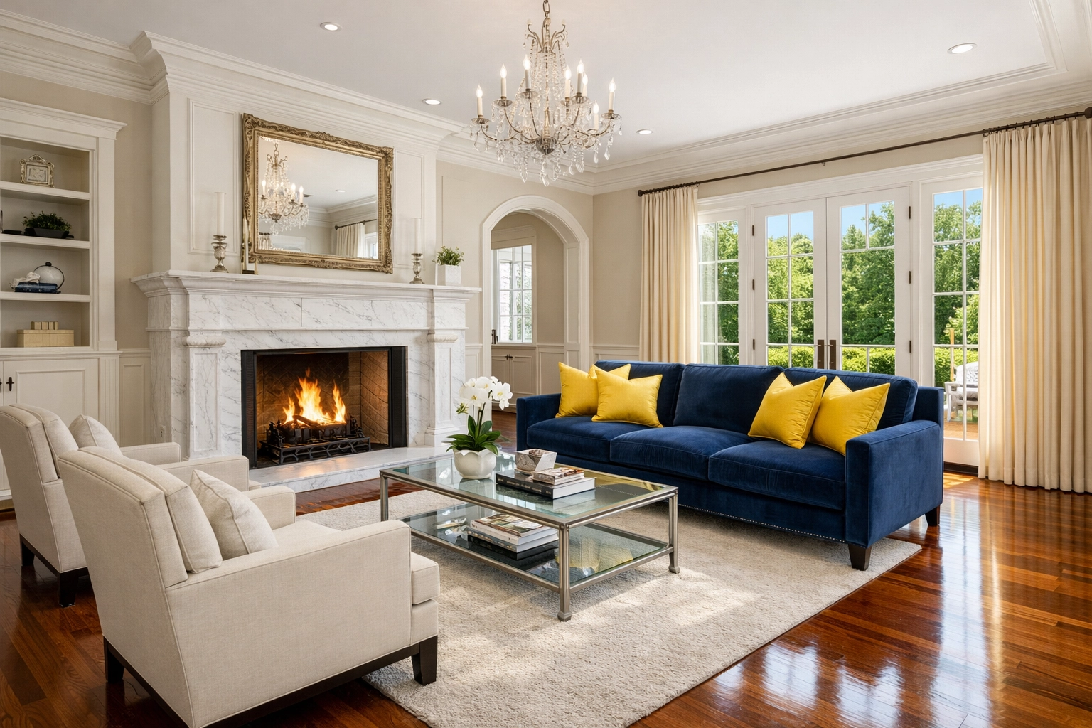 Spotless luxury living room in Dover showing the precision of high-end residential cleaning Massachusetts.