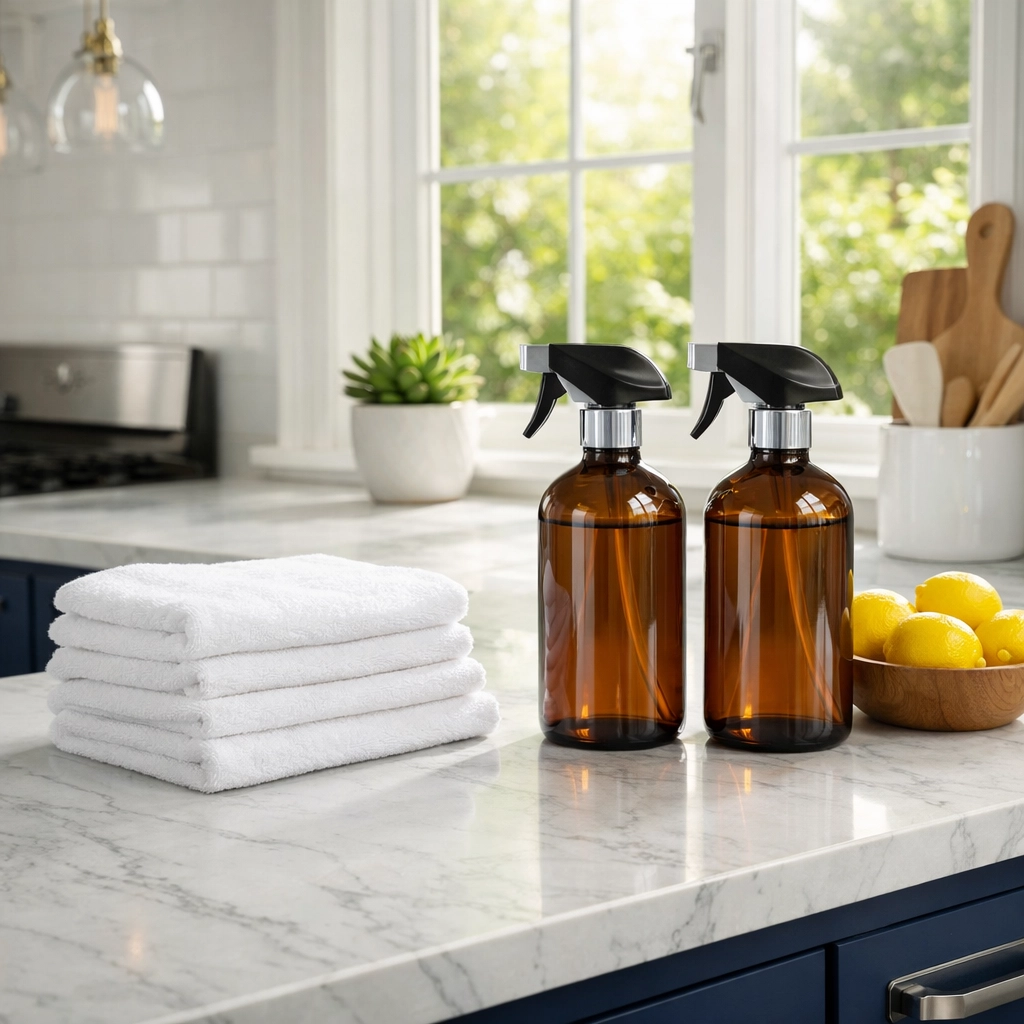 Eco-friendly house cleaning Southborough MA products on a clean marble kitchen counter