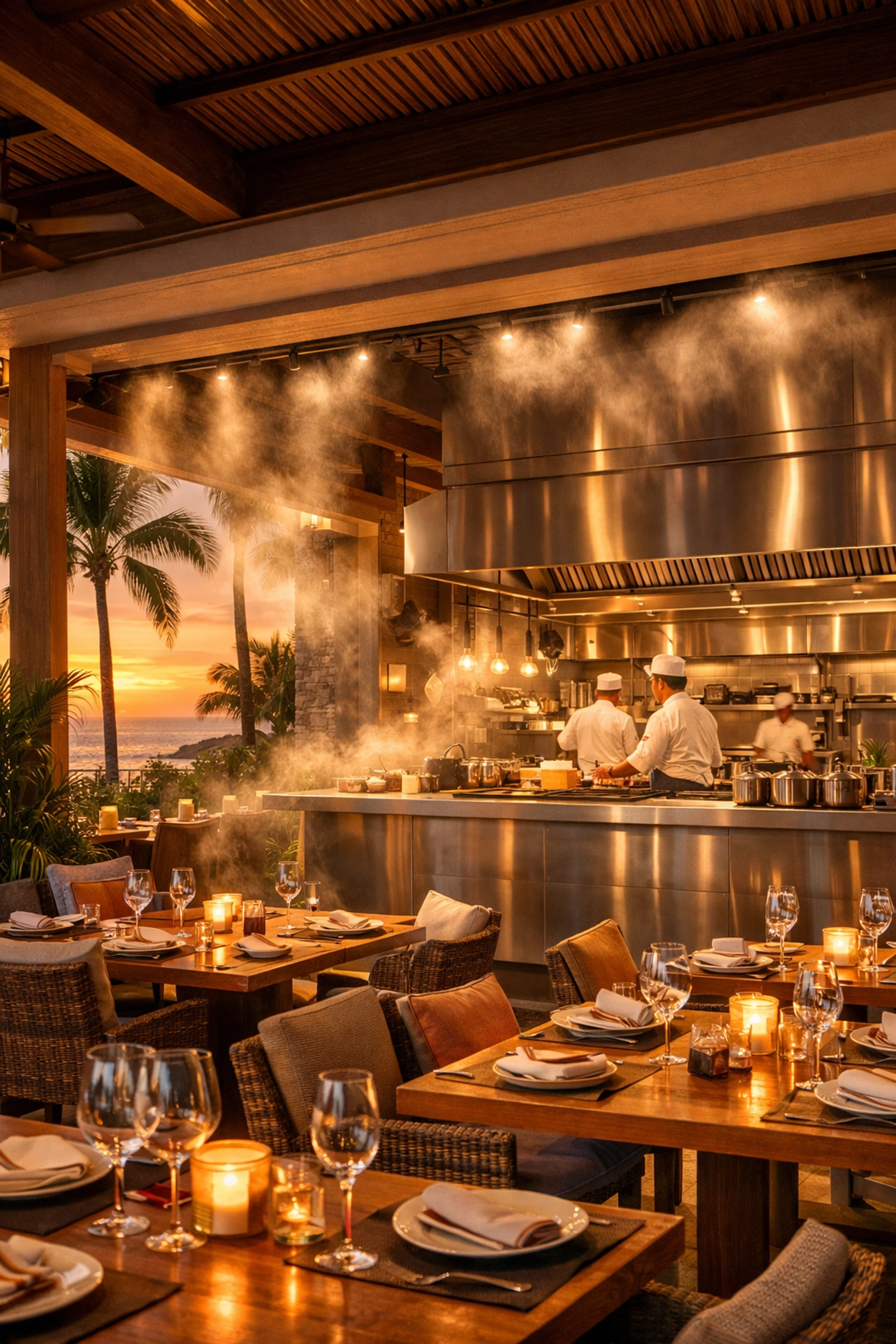 High-end Hawaii restaurant featuring open-air dining and efficient commercial refrigeration systems.