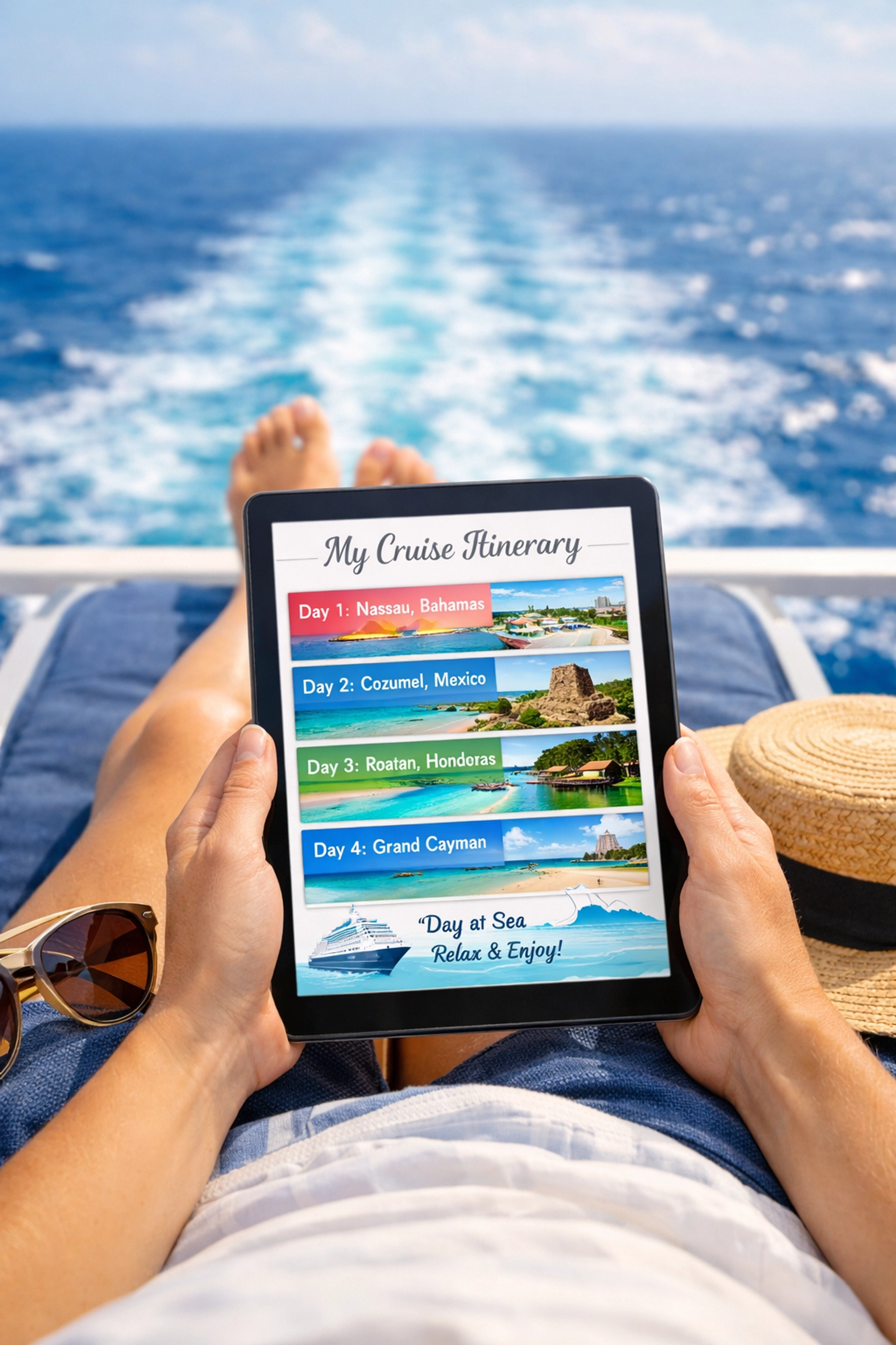 Using a tablet for planning a group cruise while relaxing in a lounge chair on a ship deck.