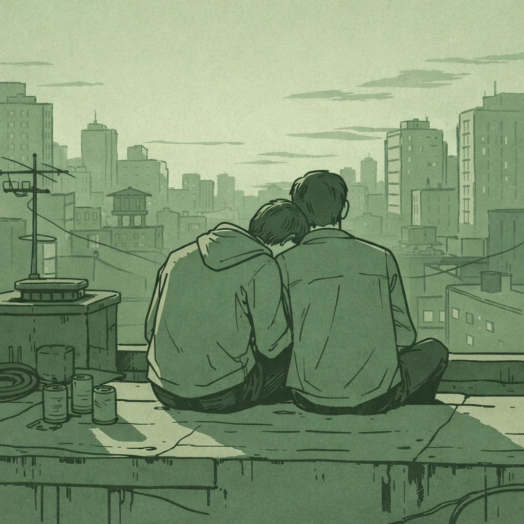 Two gay men sharing intimate moment on urban rooftop - contemporary MM romance theme