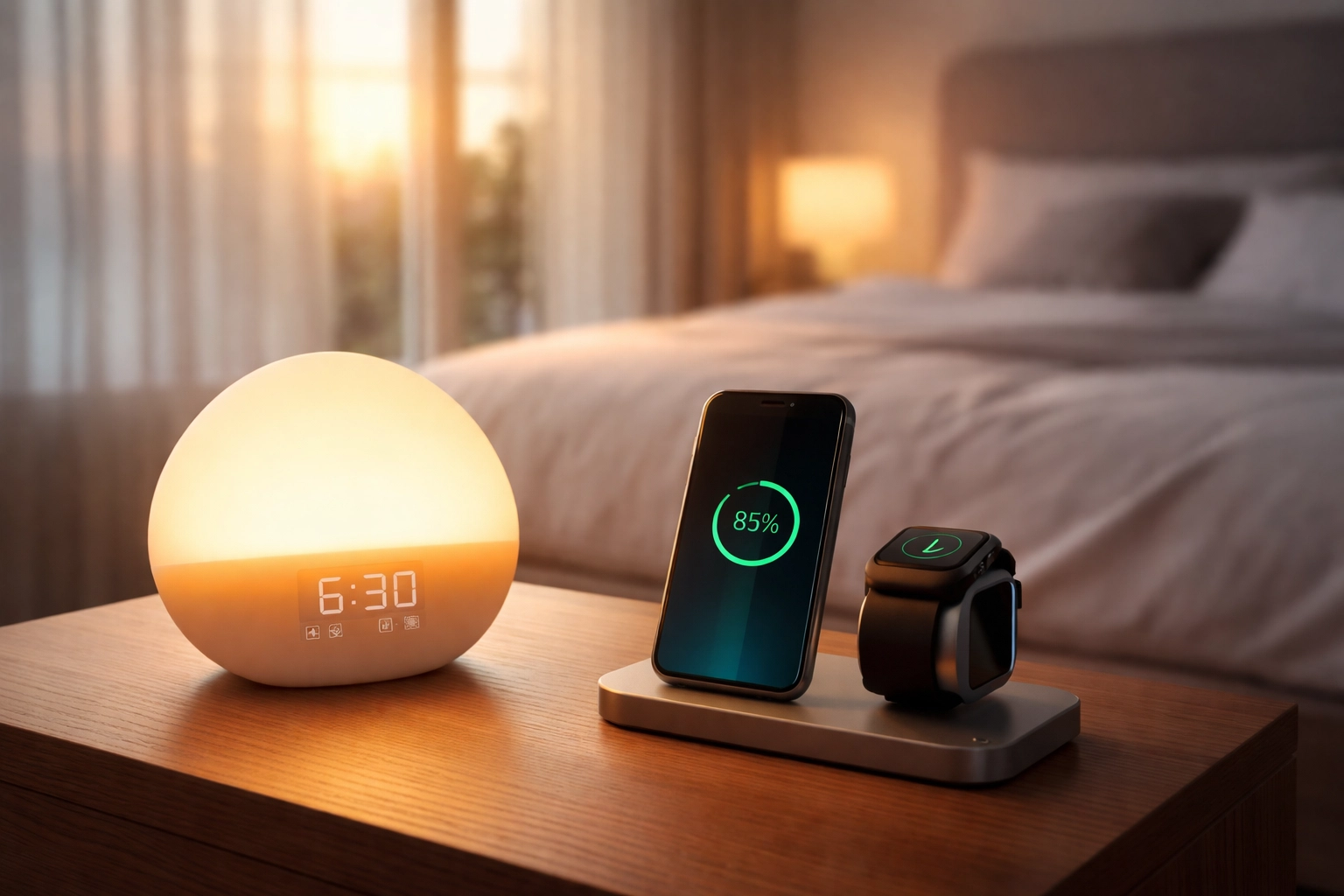 Modern bedroom nightstand with sunrise alarm clock and smart devices for an optimized morning routine