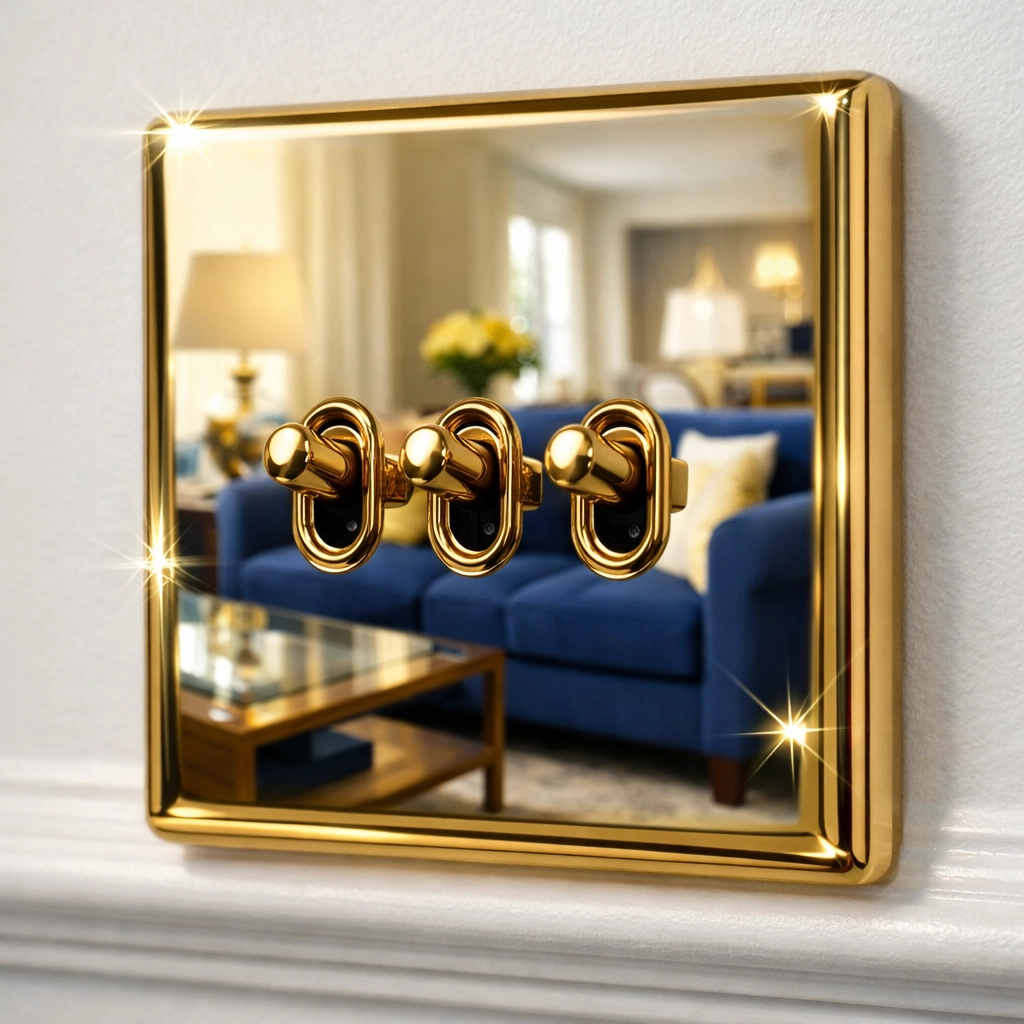 Spotless gold light switch in a luxury home, highlighting detailed residential cleaning Massachusetts for high-touch zones.