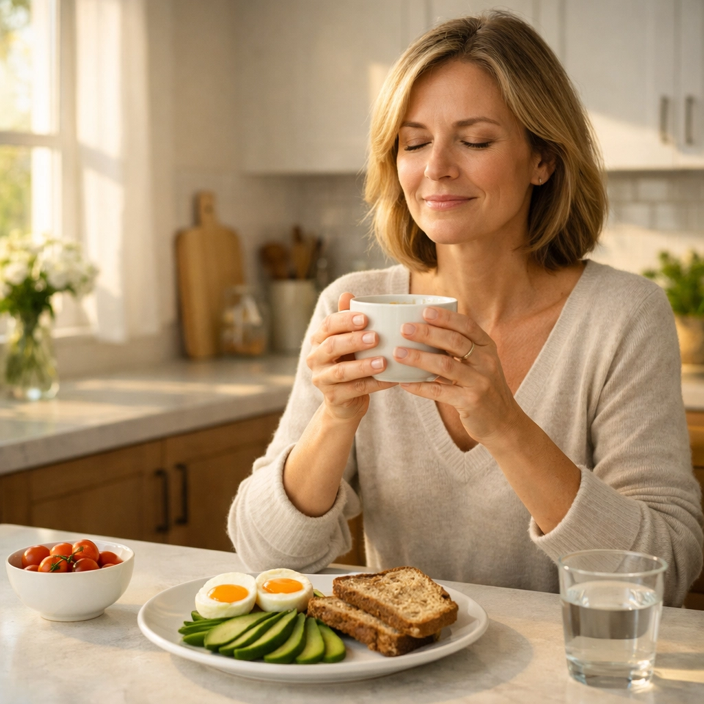 Midlife woman enjoying calm breakfast representing balanced perimenopause support
