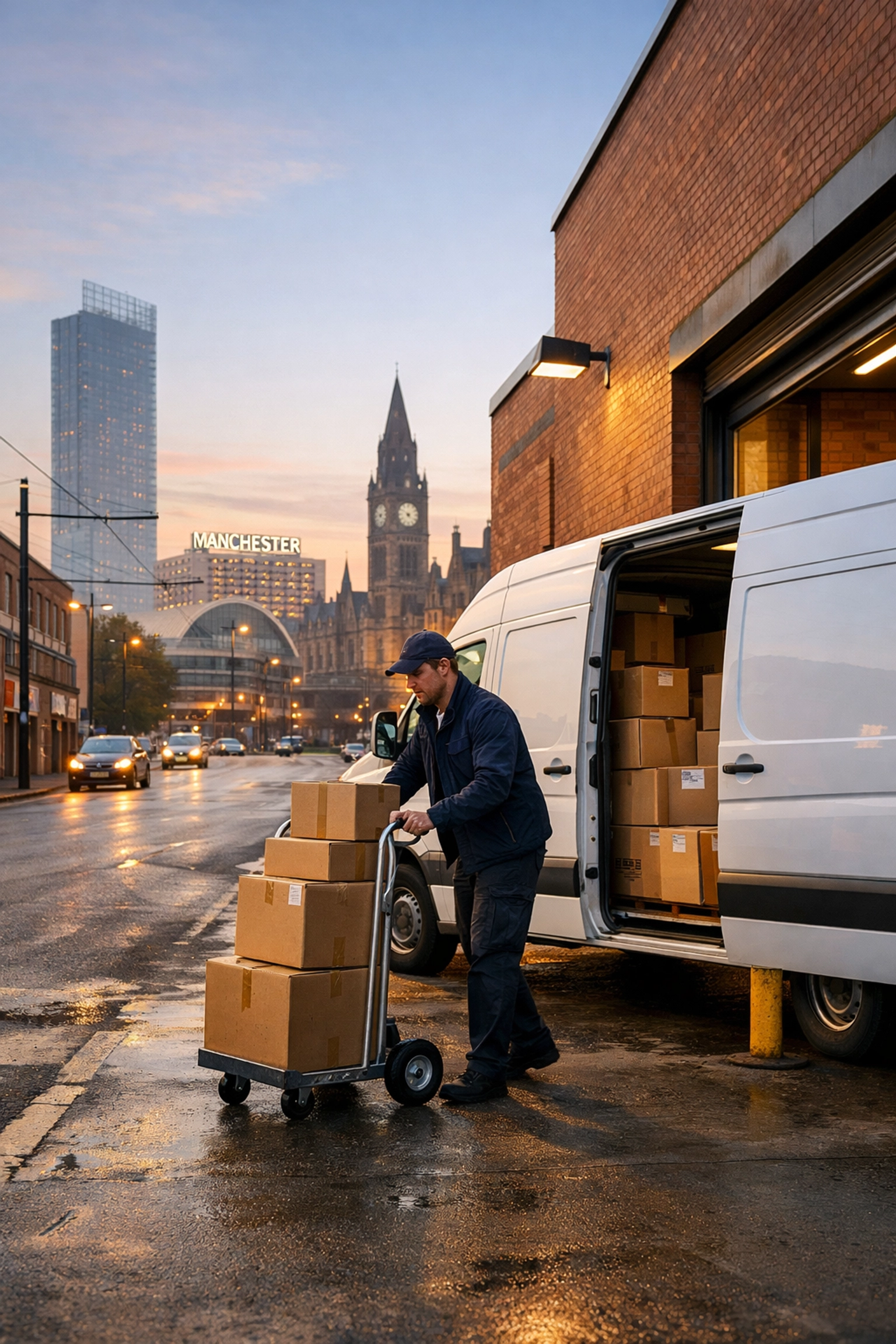 Manchester delivery driver loading parcels onto hand truck at warehouse