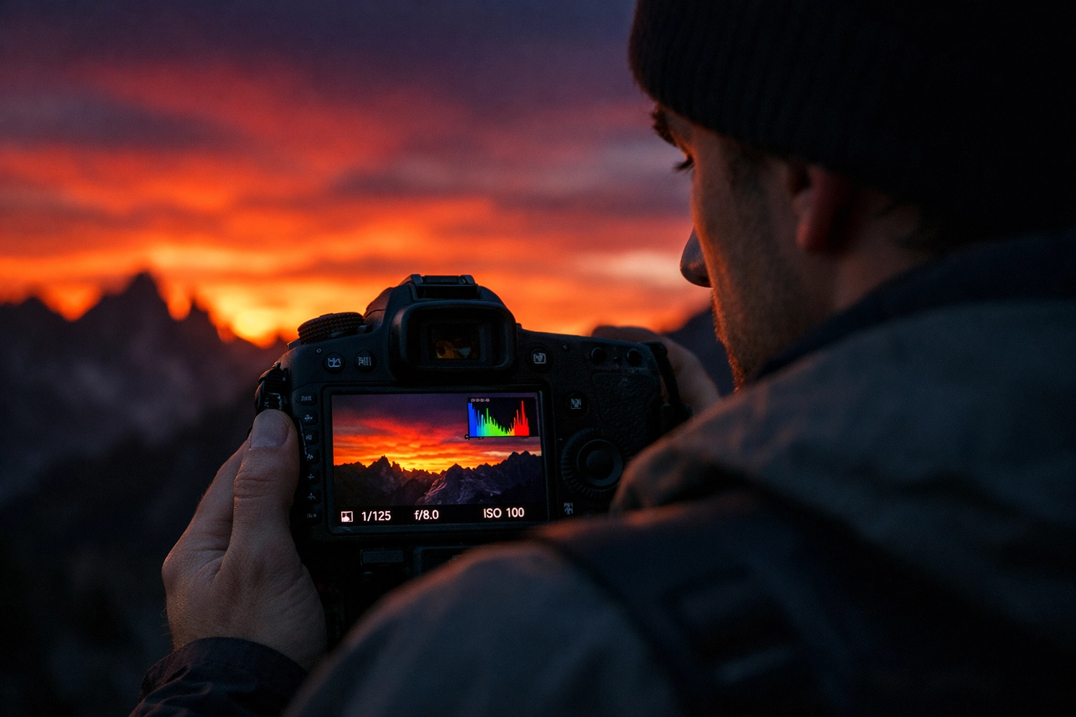 Photographer using the camera histogram to check exposure levels for manual mode shots at sunset.