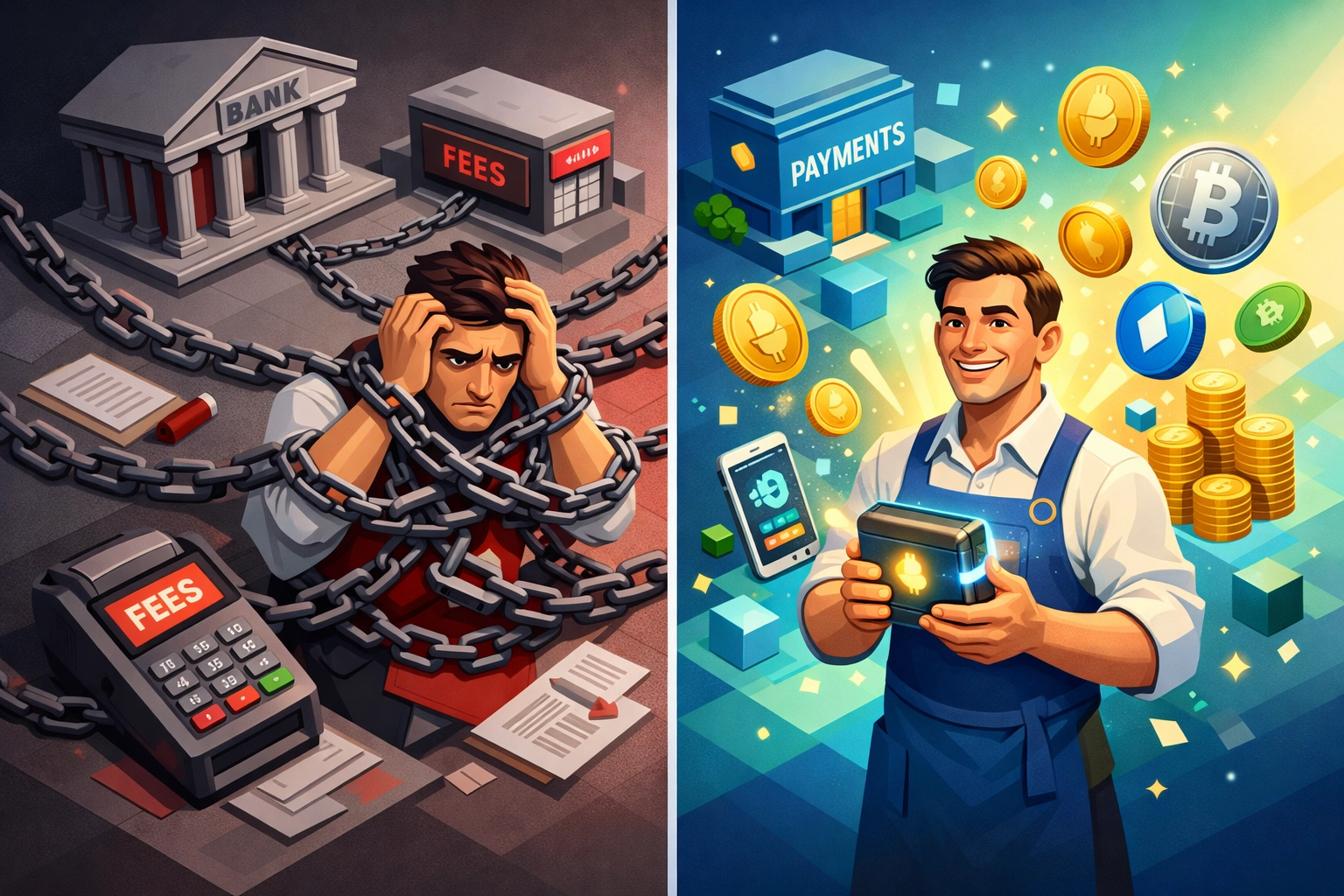 Comparison of traditional payment processor restrictions versus free self-custody crypto merchant payments