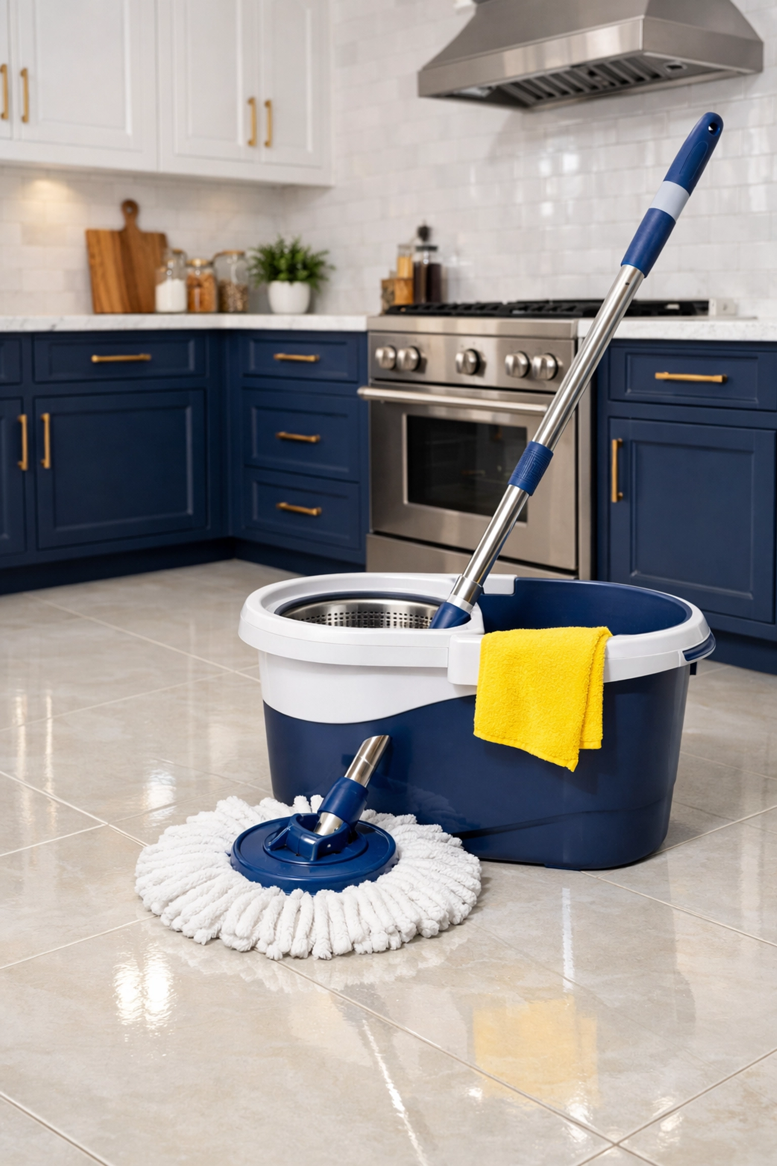 Modern spin mop and bucket system on a kitchen floor, perfect for professional-grade floor cleaning.