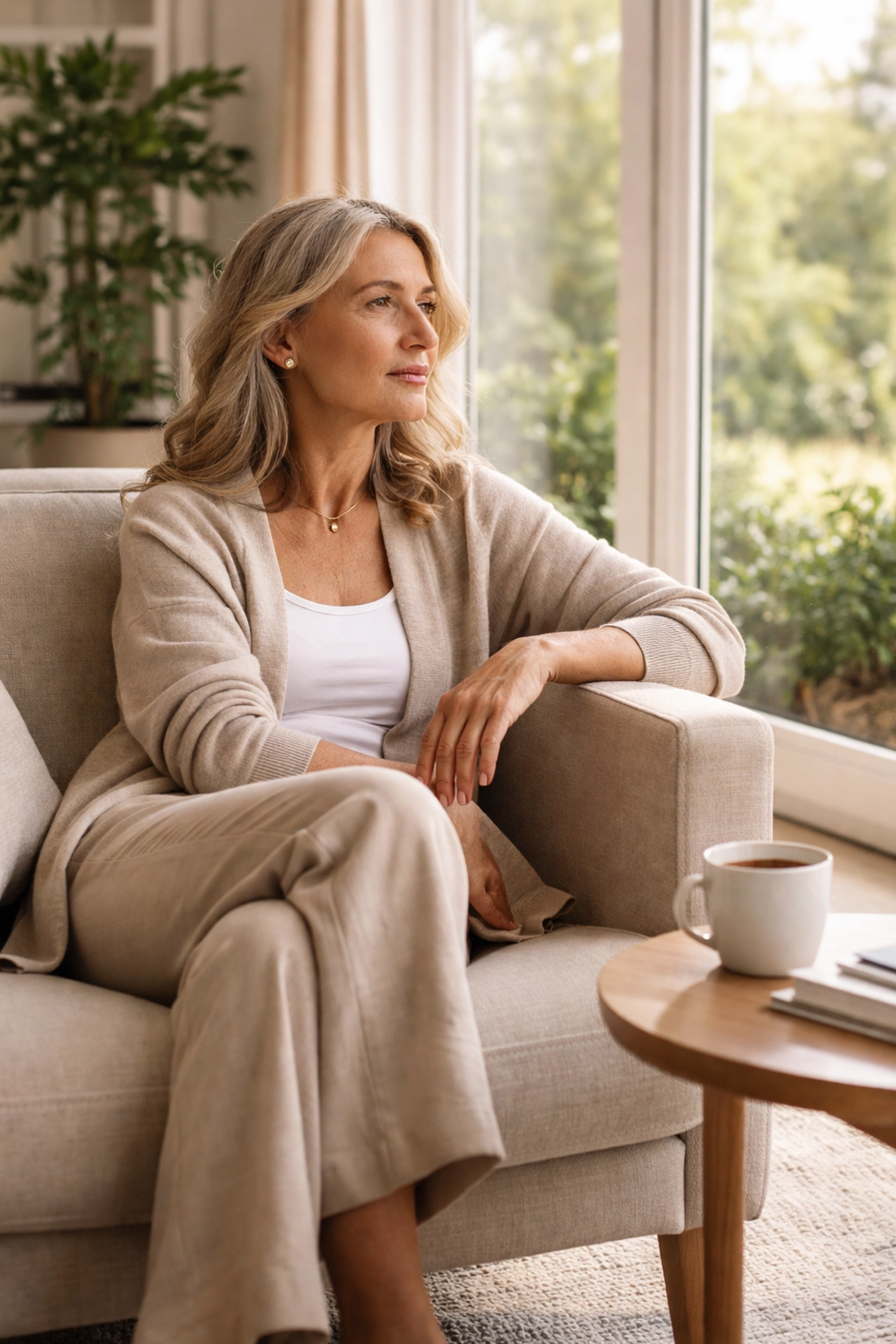 Confident woman reflecting on financial security at home, symbolizing thoughtful wealth planning and peace.