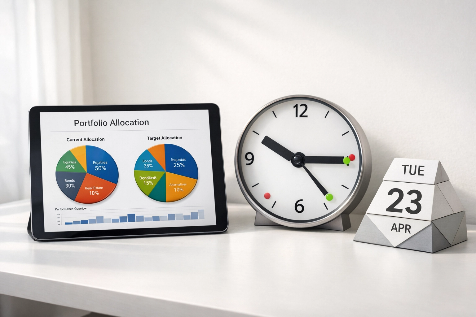 Portfolio rebalancing dashboard with quarterly calendar demonstrating crypto allocation discipline