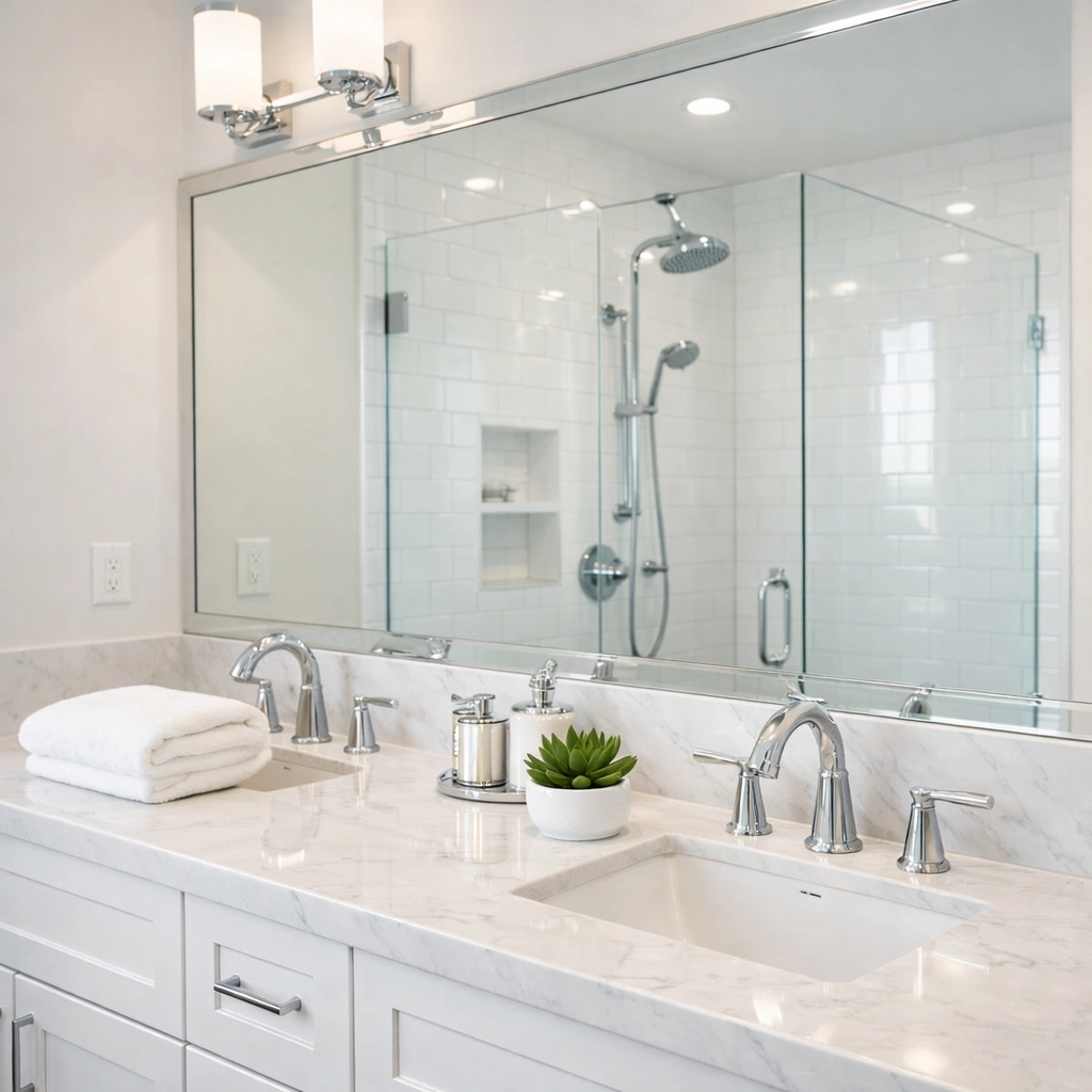 Spotless modern bathroom with marble countertops and a clean glass shower in a Chicago rental unit.