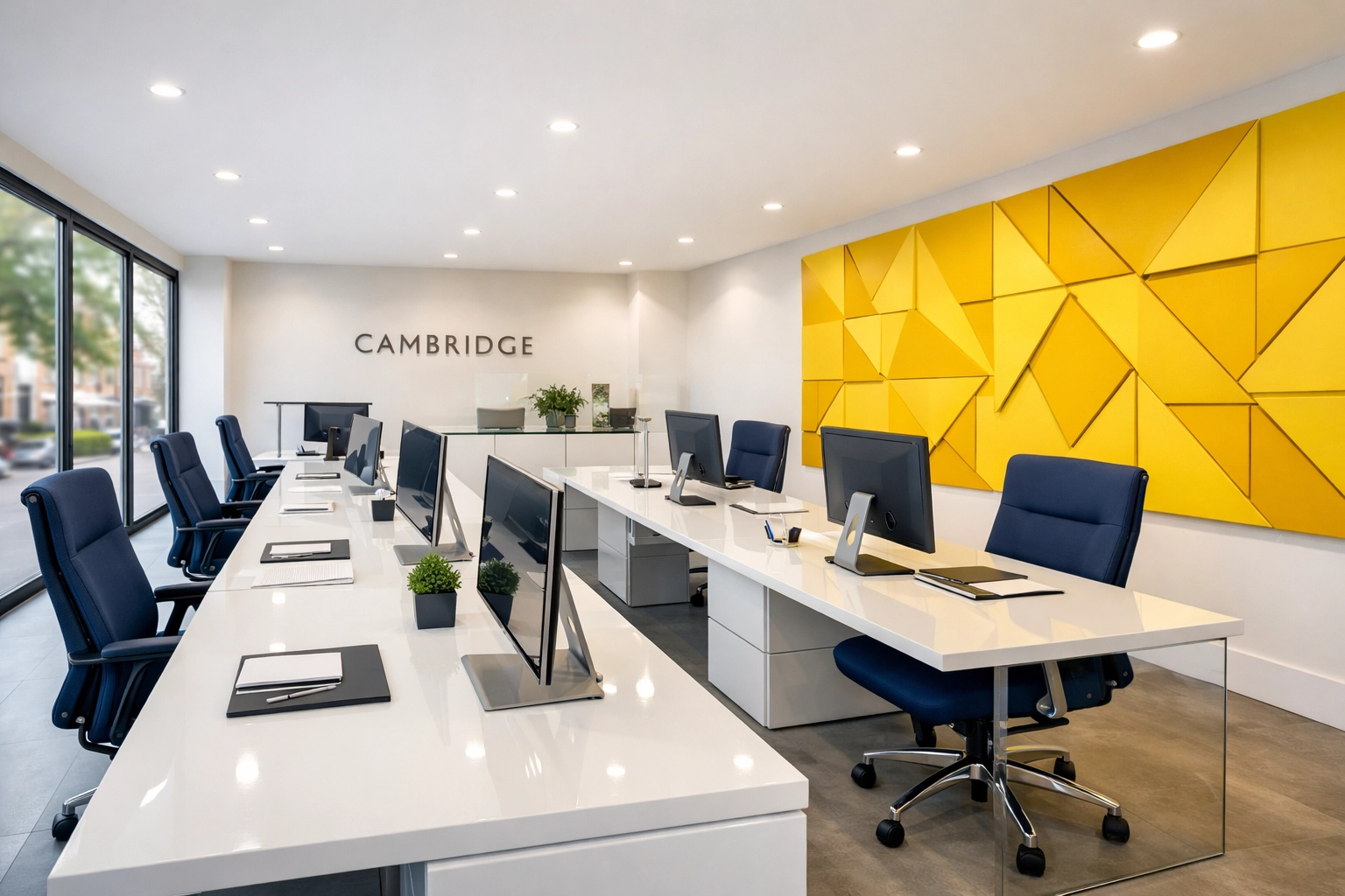 Impeccably clean modern office space in Cambridge featuring sanitized desks and a professional work environment.