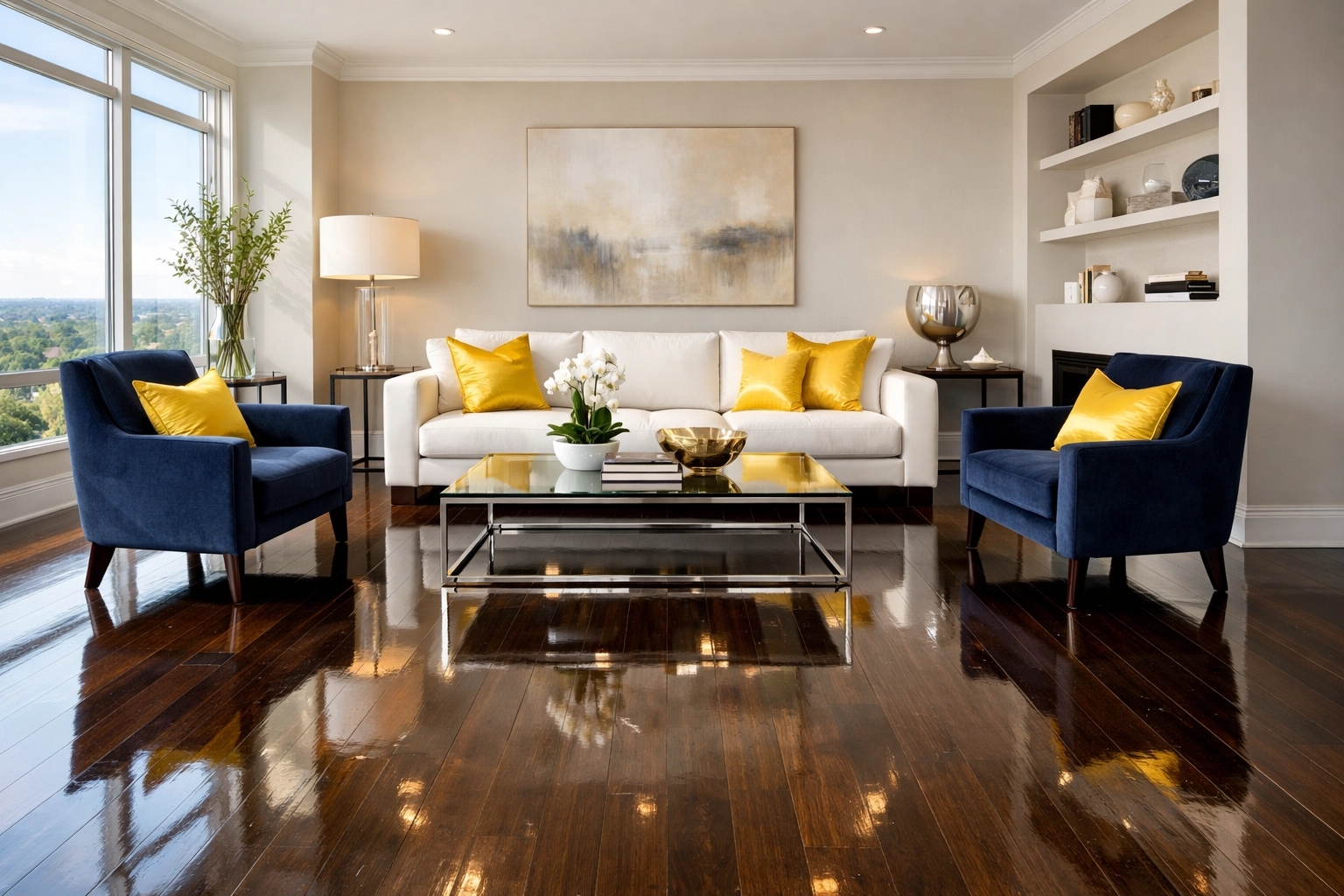 Immaculate modern living room with polished hardwood floors and professional cleaning details.