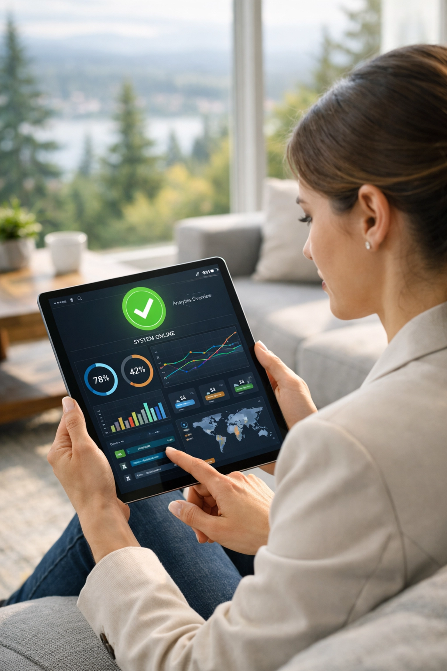 Customer using the Rodeo Internet subscriber portal on a tablet to monitor high-speed network status.