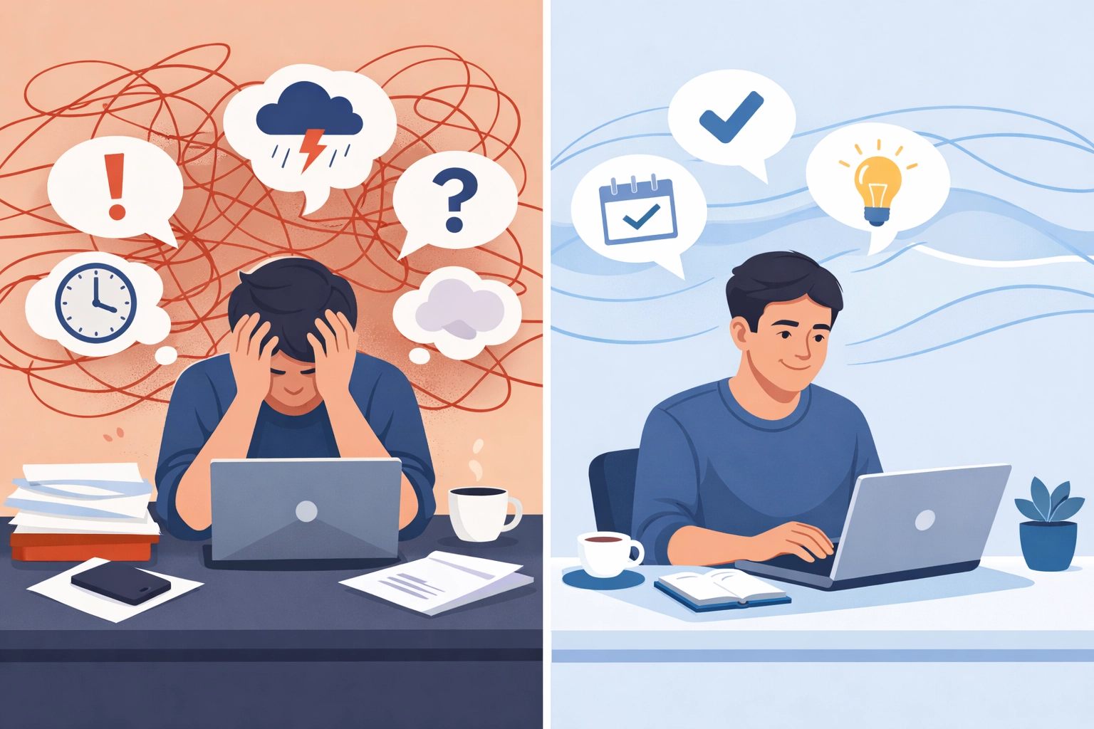 Comparison showing stressed person overwhelmed by news versus calm, focused person working peacefully