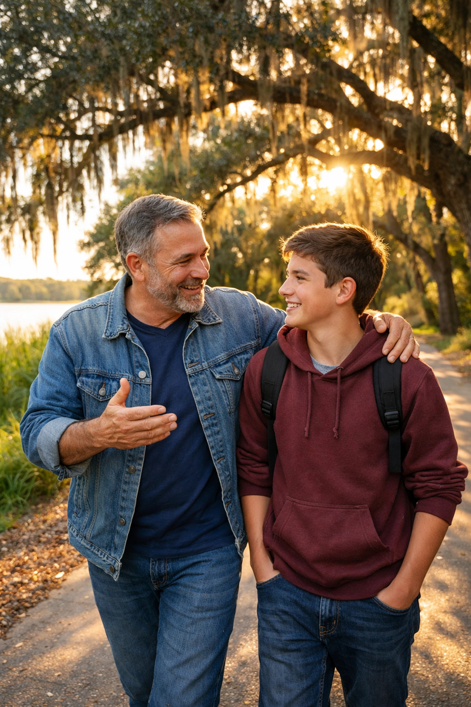 Mentor and student walking in a Lake County park as part of the Champion Circle program.