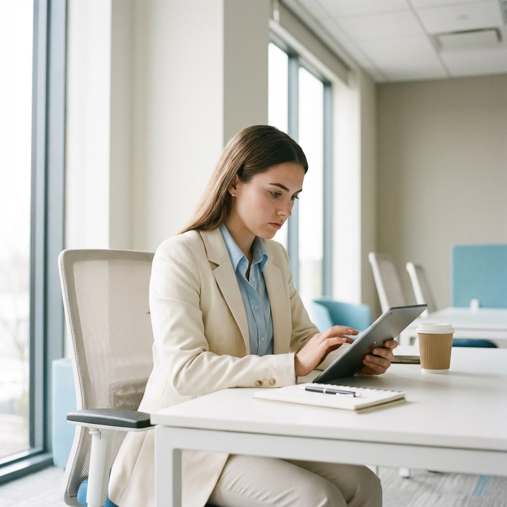 Focused woman studying tax course materials at a minimalist office desk for IRS certification preparation