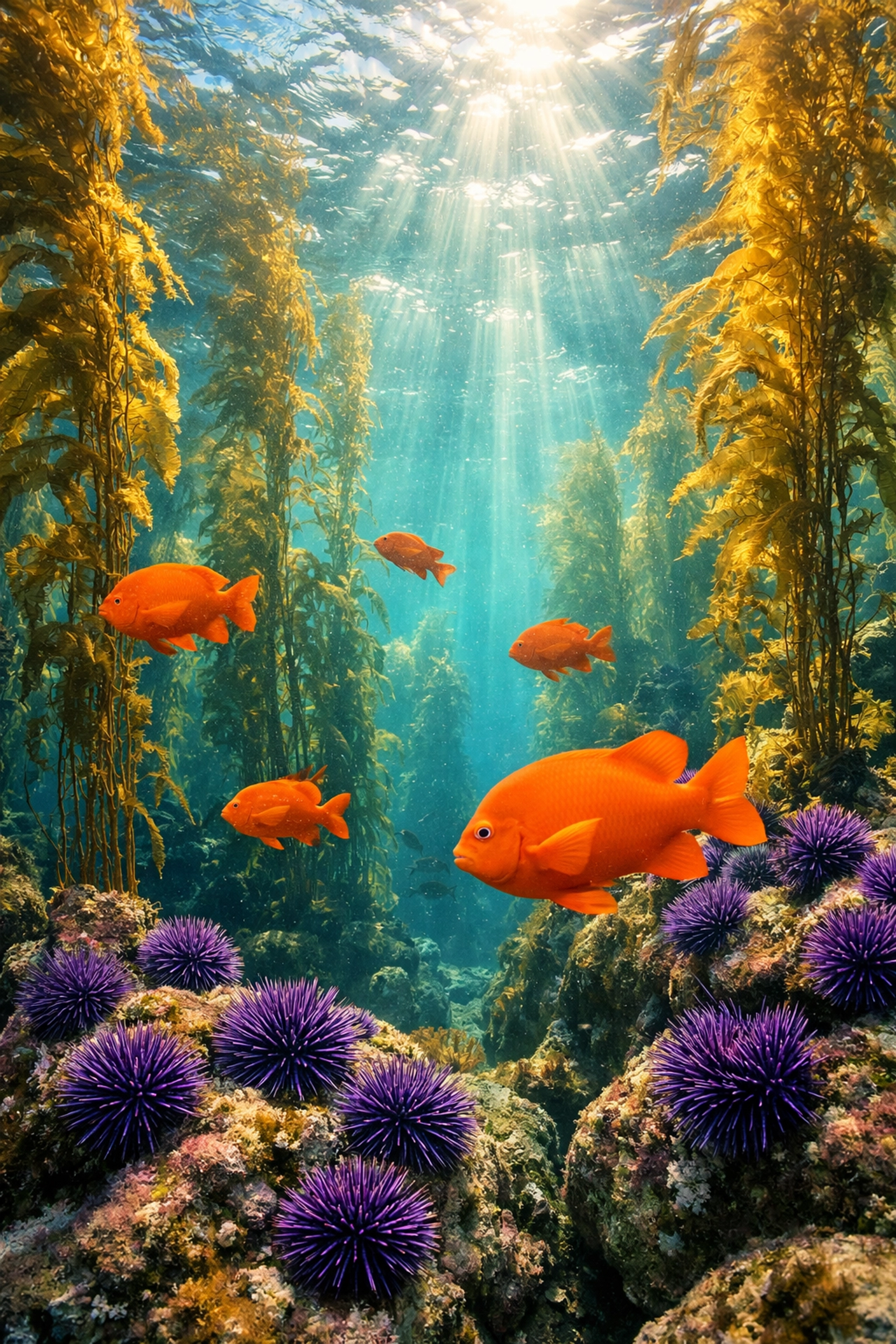 La Jolla kelp forest ecosystem with garibaldi fish and sea urchins