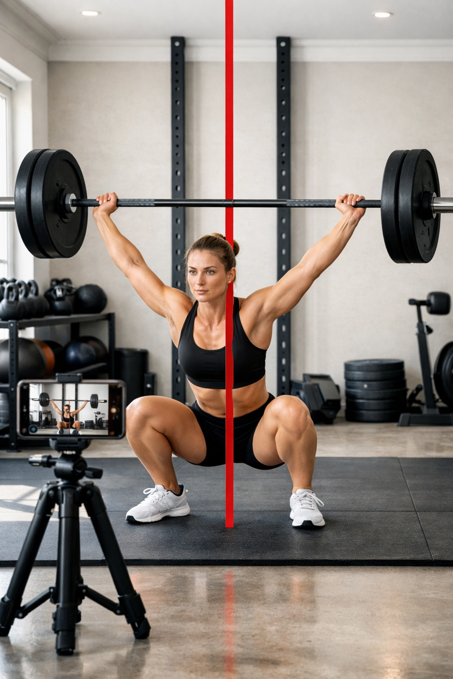 CrossFit athlete practicing overhead squats in a home gym while recording for form feedback.