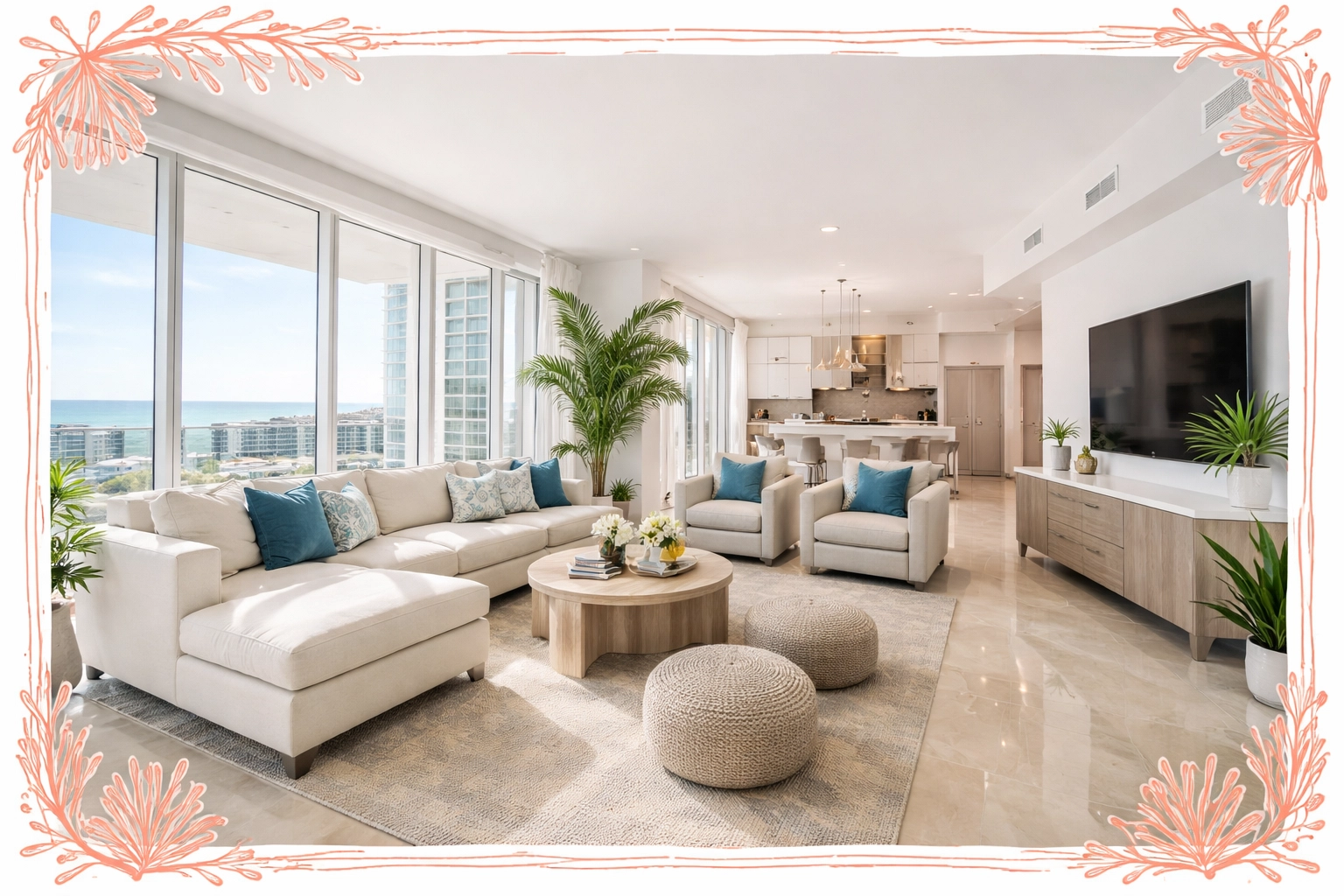 Bright, modern West Park condo living room with open concept design and floor-to-ceiling windows