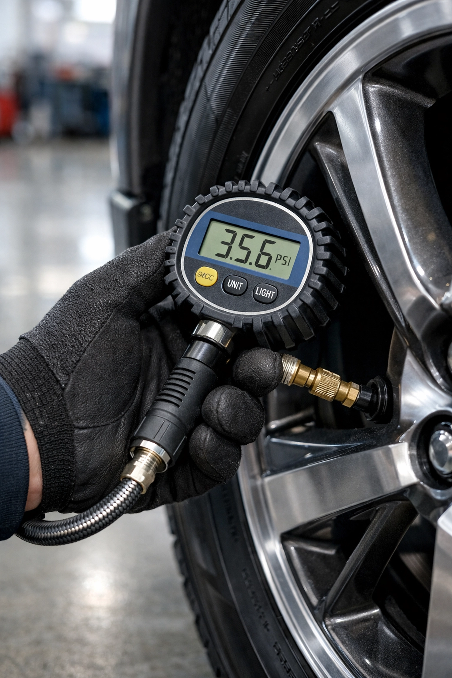 Mechanic in Bonne Terre MO checking car tire pressure with a digital gauge to fix pulling issues.