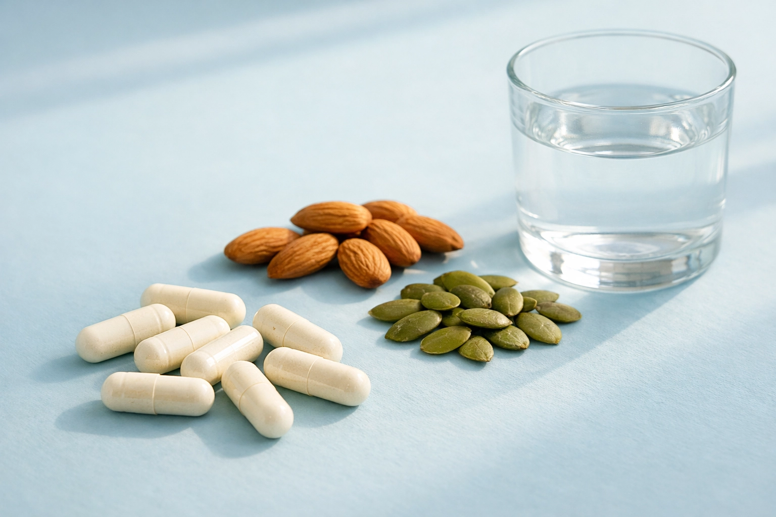 Magnesium glycinate capsules with almonds, pumpkin seeds, and water on blue surface