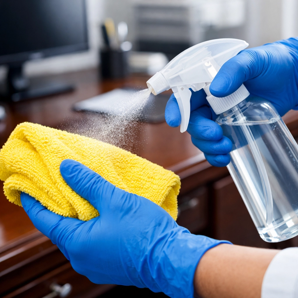 Deep cleaning Worcester expert spraying cleaning solution onto a microfiber cloth to protect high-end home surfaces.