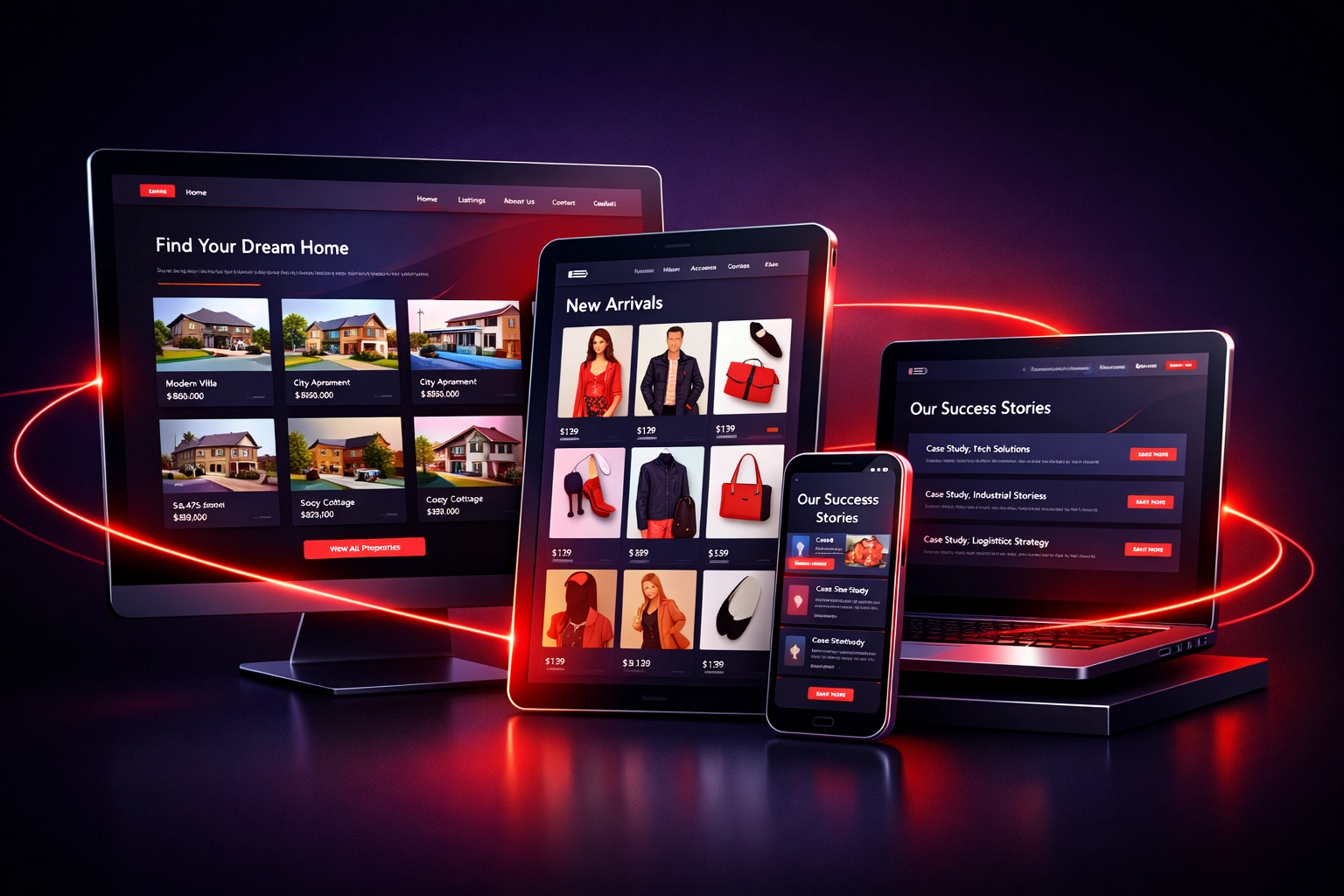 Multiple website mockups displaying niche industry layouts for estate agents, fashion, and B2B services