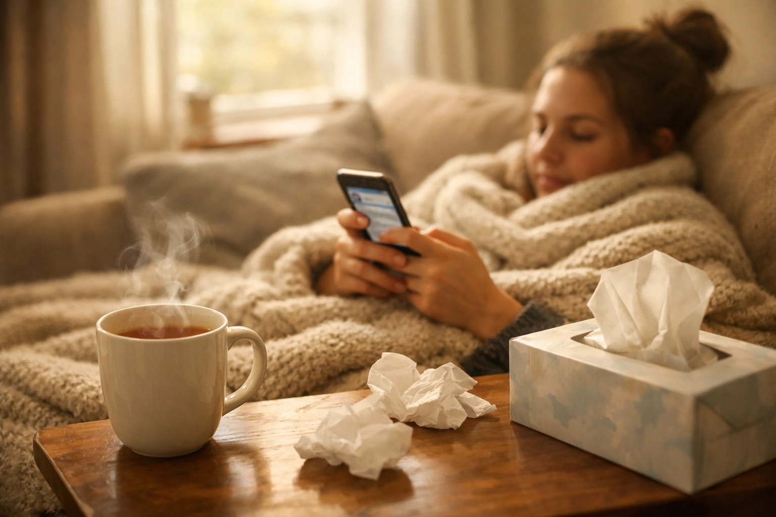 Person resting at home with tea while texting doctor for cold treatment and recovery advice