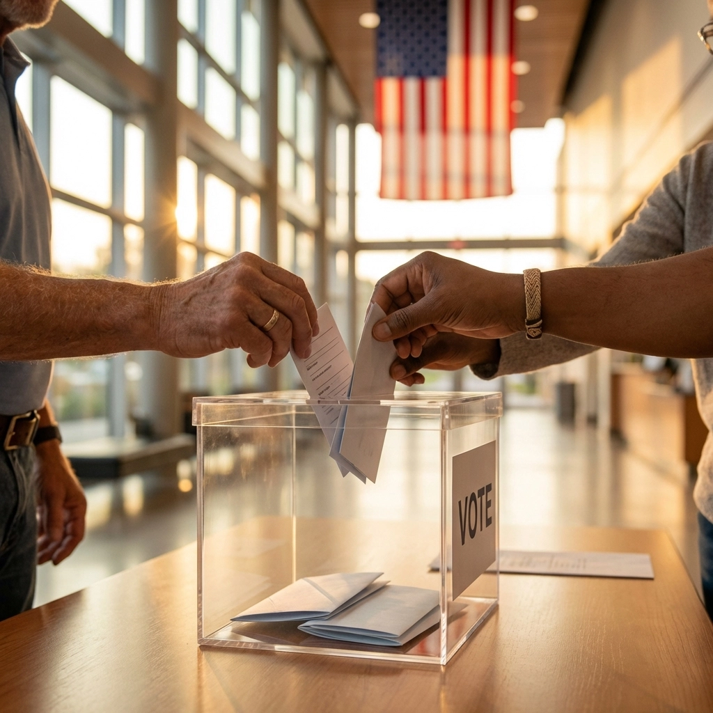Diverse hands casting ballots into a voting box, symbolizing the impact of voting rights activism and the Voting Rights Act.
