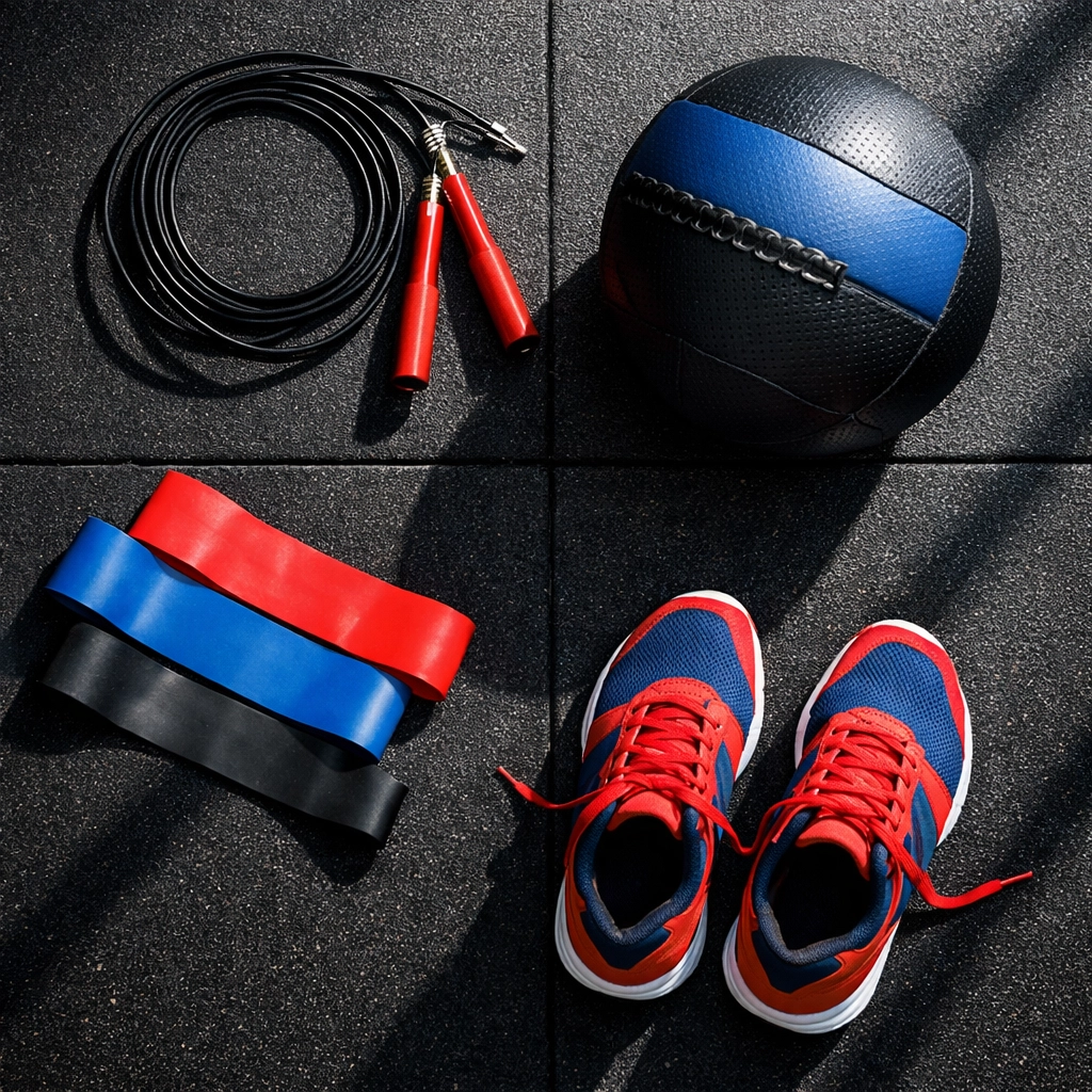 CrossFit conditioning equipment including jump rope, medicine ball, and resistance bands on gym floor