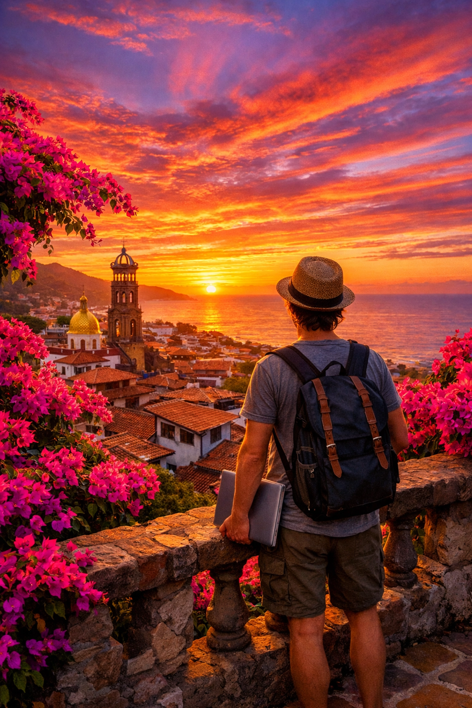 Digital nomad enjoying a sunset over Old Town Puerto Vallarta from a tropical Amapas hillside terrace.