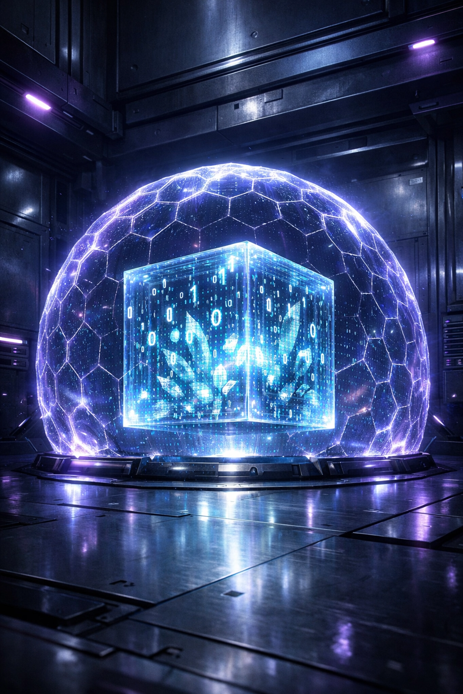 A futuristic secure data core illustrating digital privacy and ownership for college students.