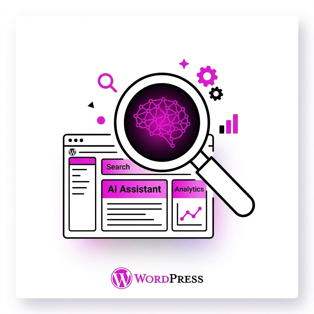 Magnifying glass over WordPress dashboard, highlighting AI-powered search and user engagement
