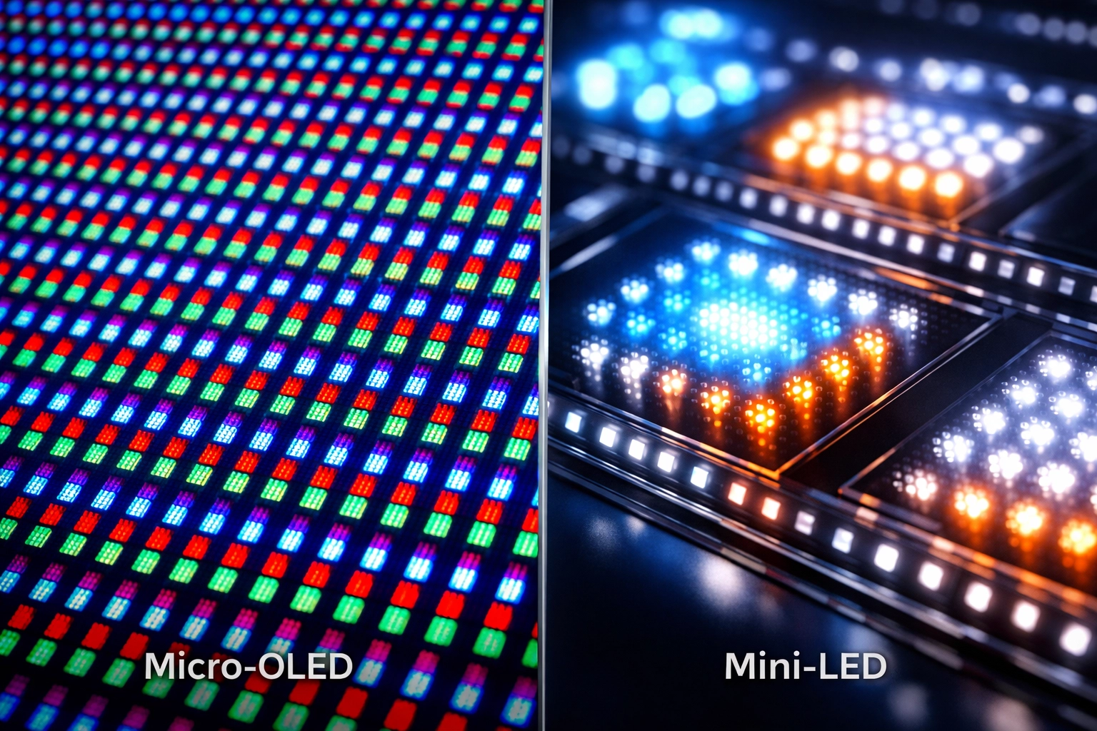 Comparison of Micro-OLED and Mini-LED pixel grids for Apple Vision Pro and Meta Quest 4 displays.