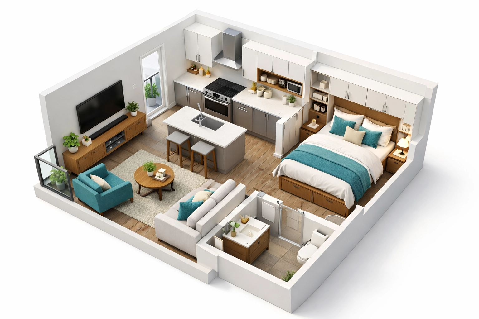 Floor plan for small condo showing open-concept layout and efficient space usage